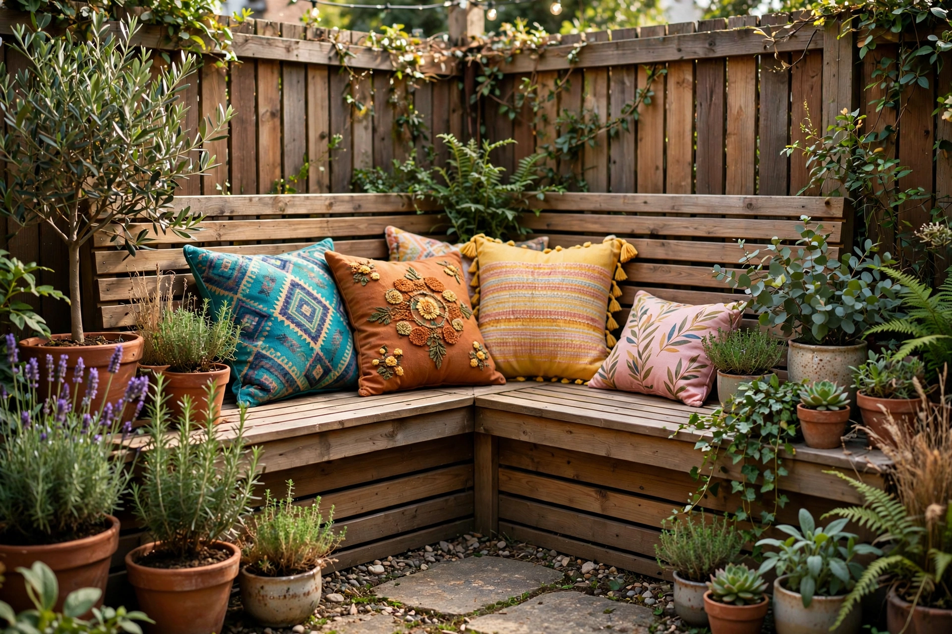 Built-in wooden garden bench with cushions