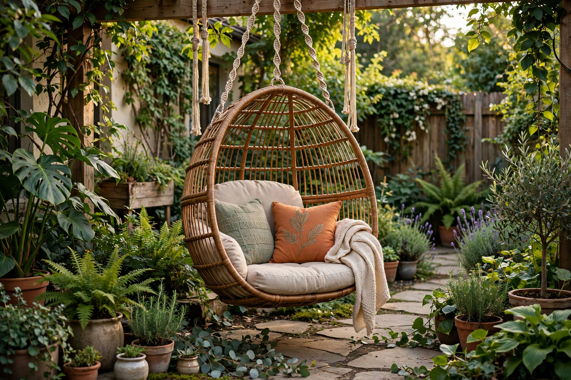 Hanging rattan egg chair in garden