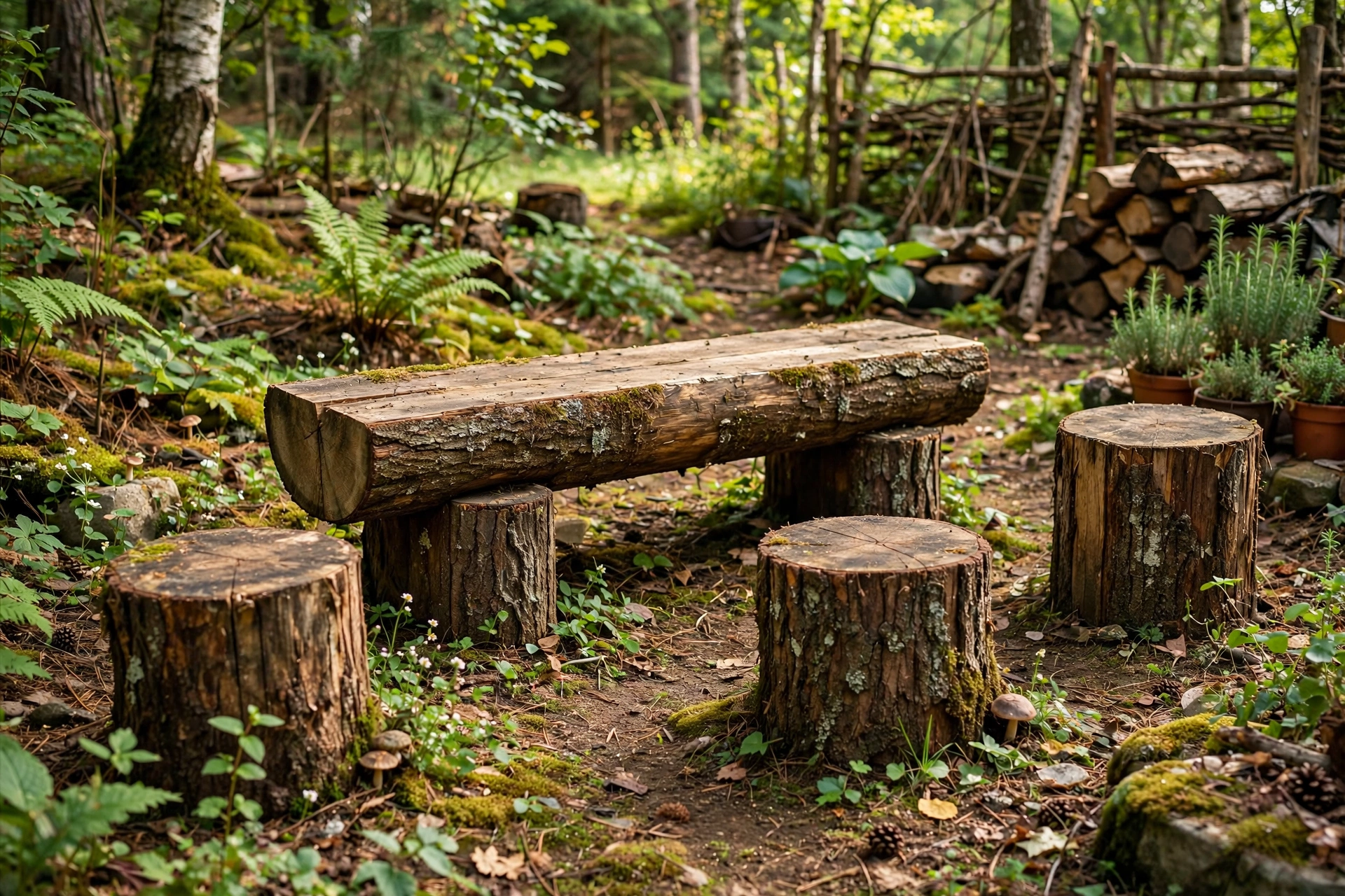 Rustic log bench and stump seats