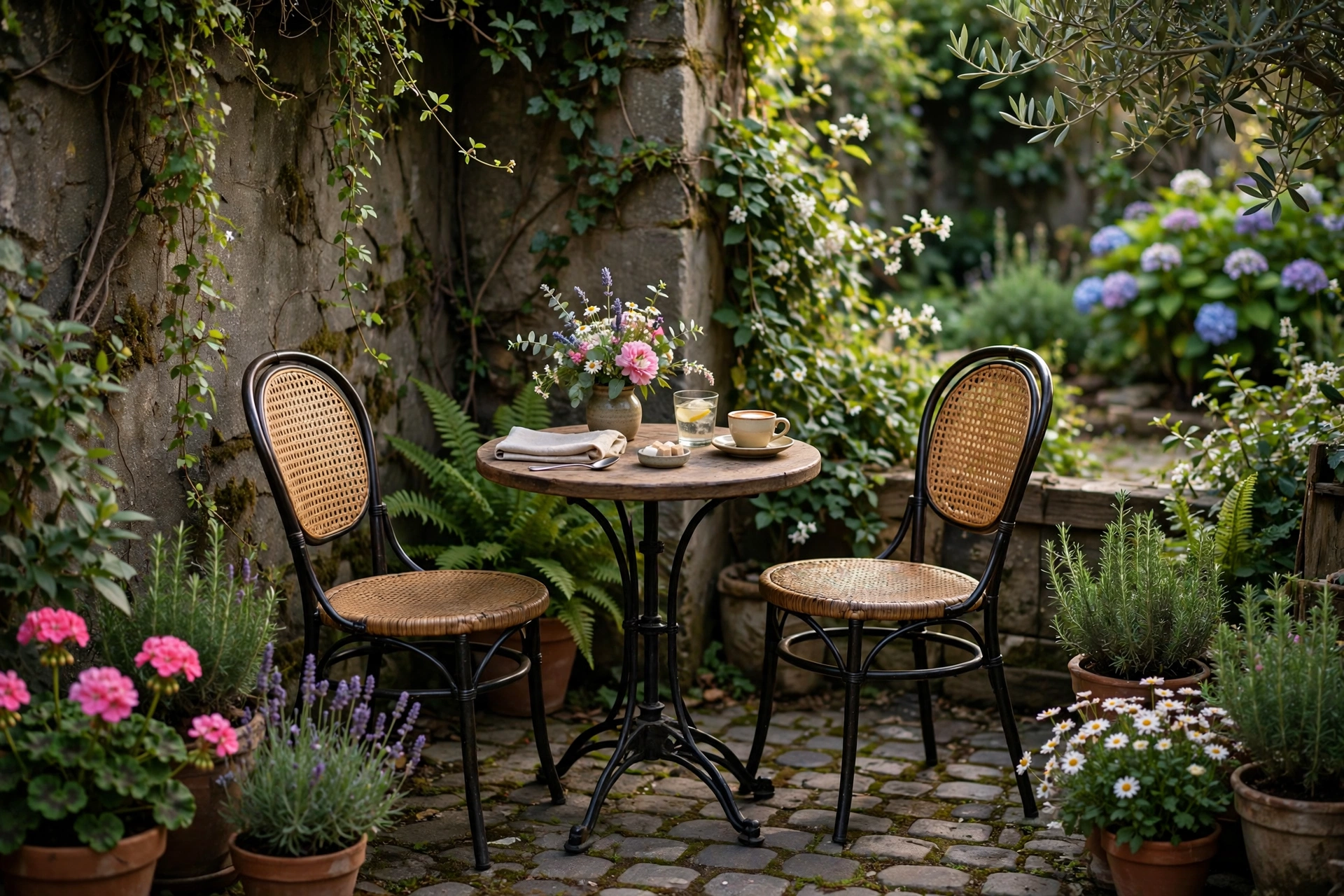 Small bistro set for two in garden corner
