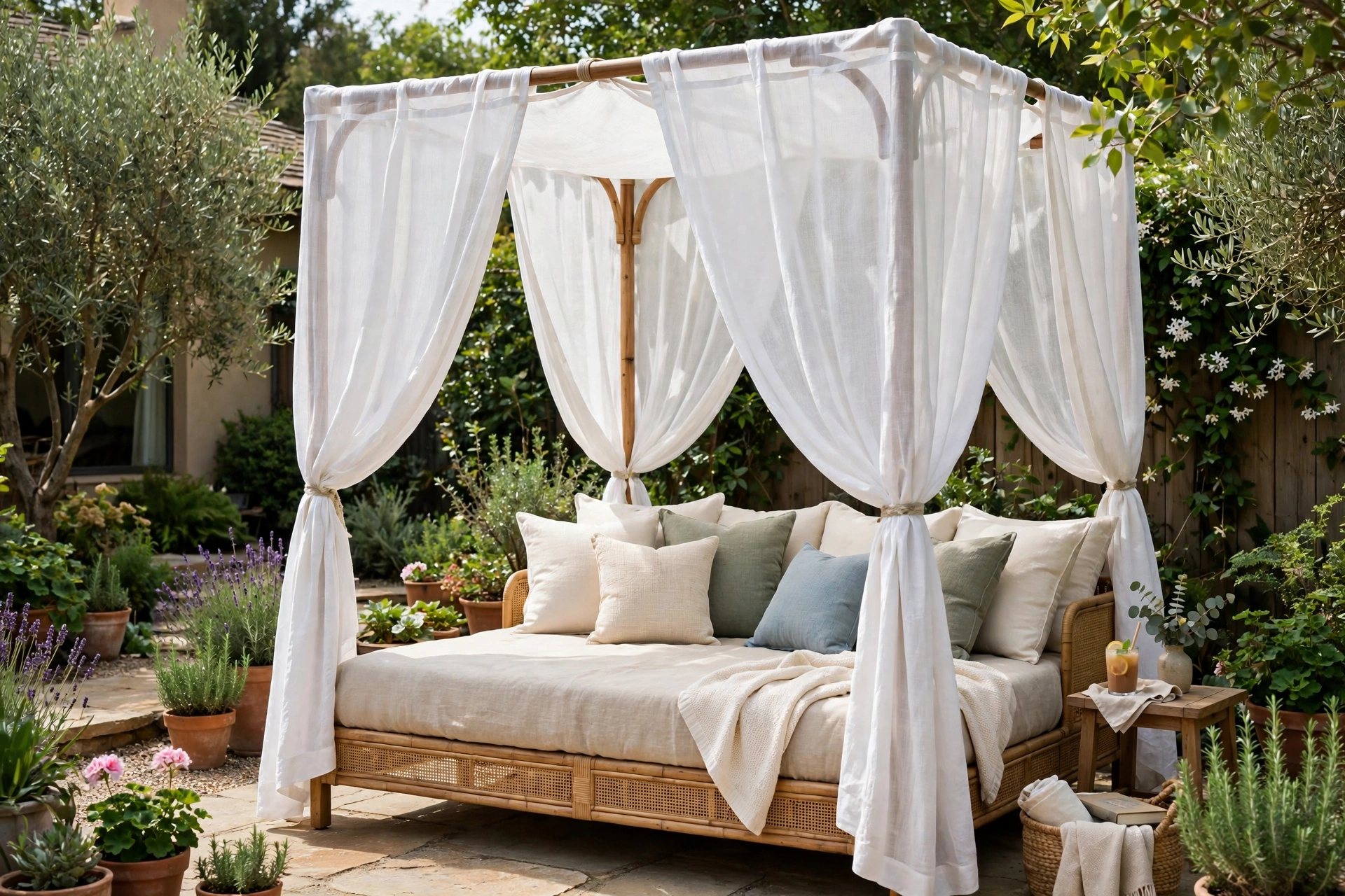 Outdoor daybed with canopy curtains