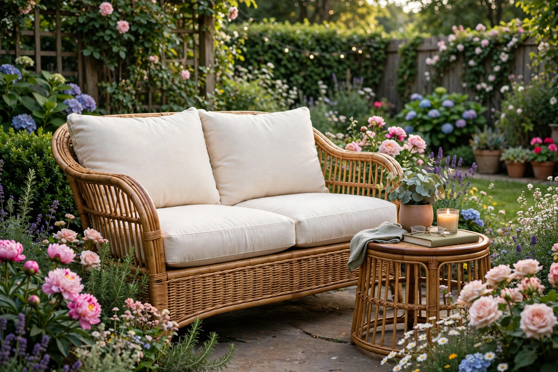 Wicker loveseat with cushions in garden