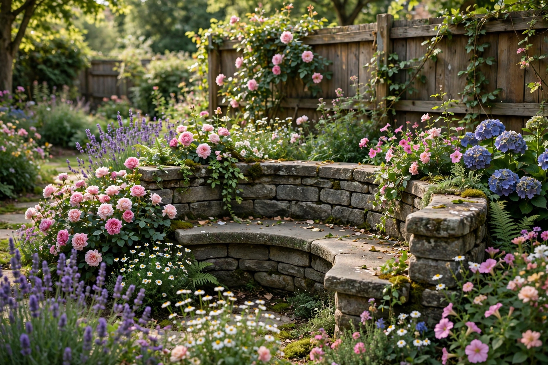 Curved stone bench in flower bed