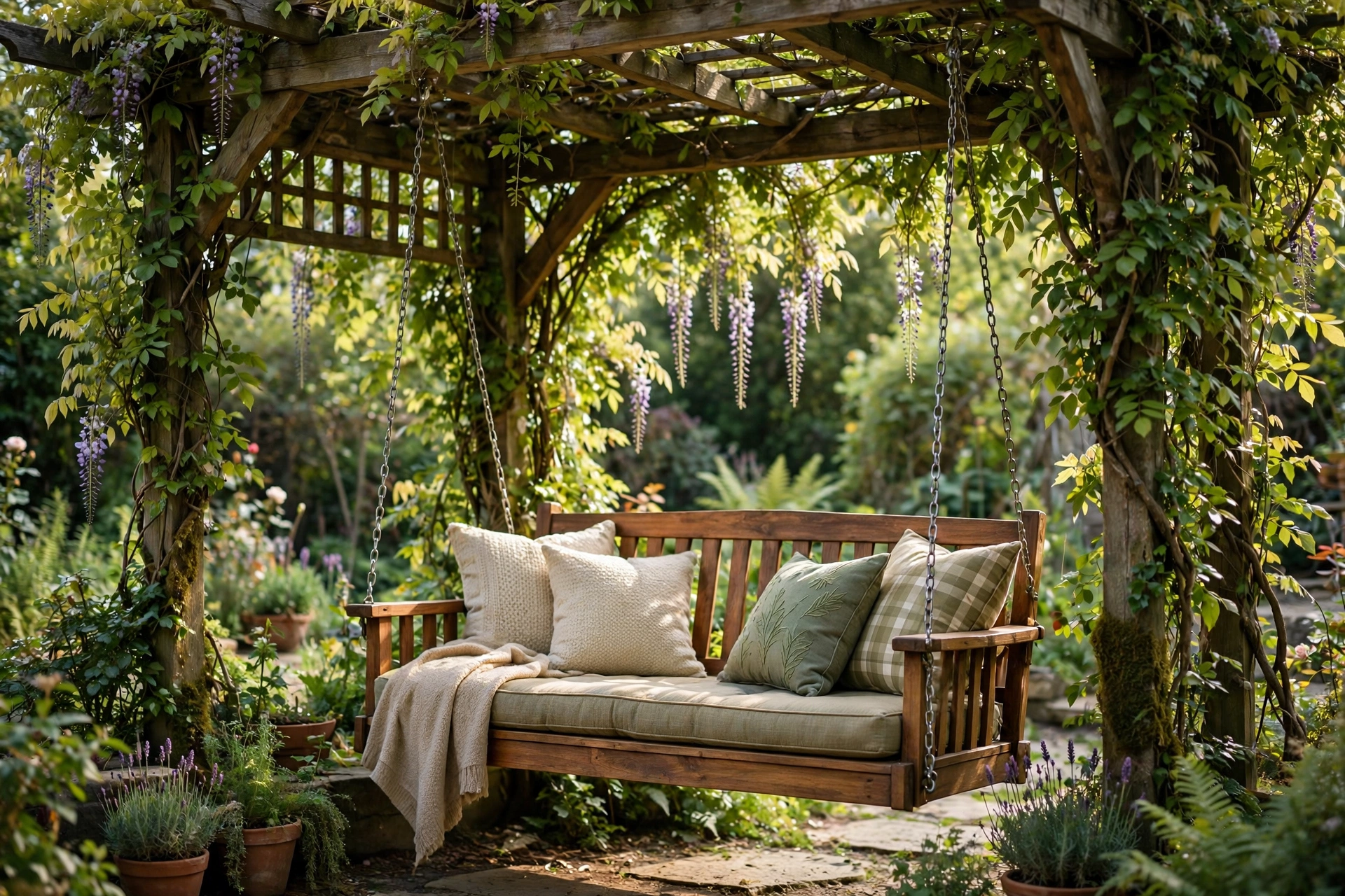 Swing bench under vine-covered pergola