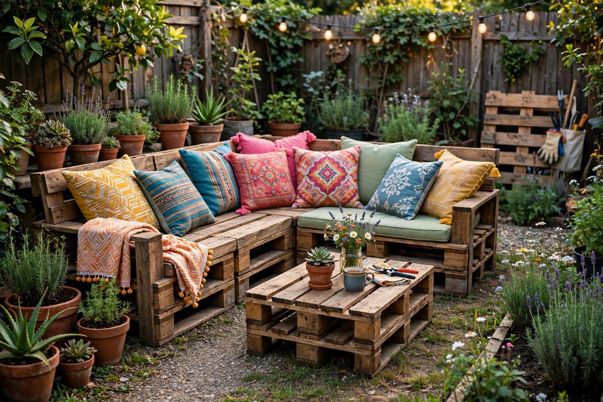 DIY pallet sofa with colorful cushions