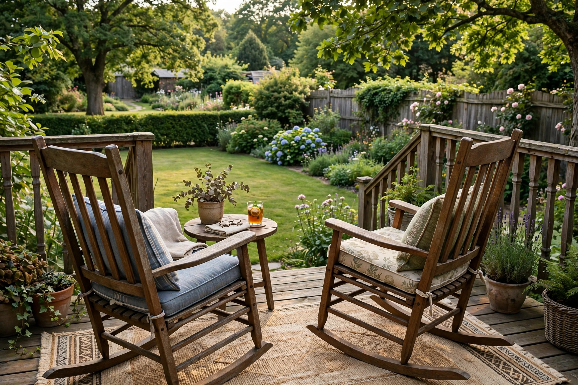 Wooden rocking chairs on garden deck