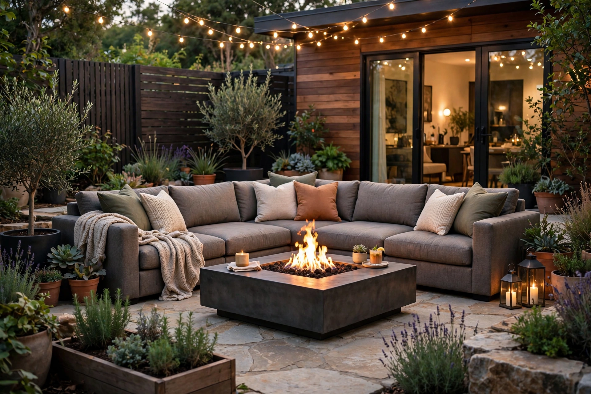 Outdoor sectional sofa with fire table