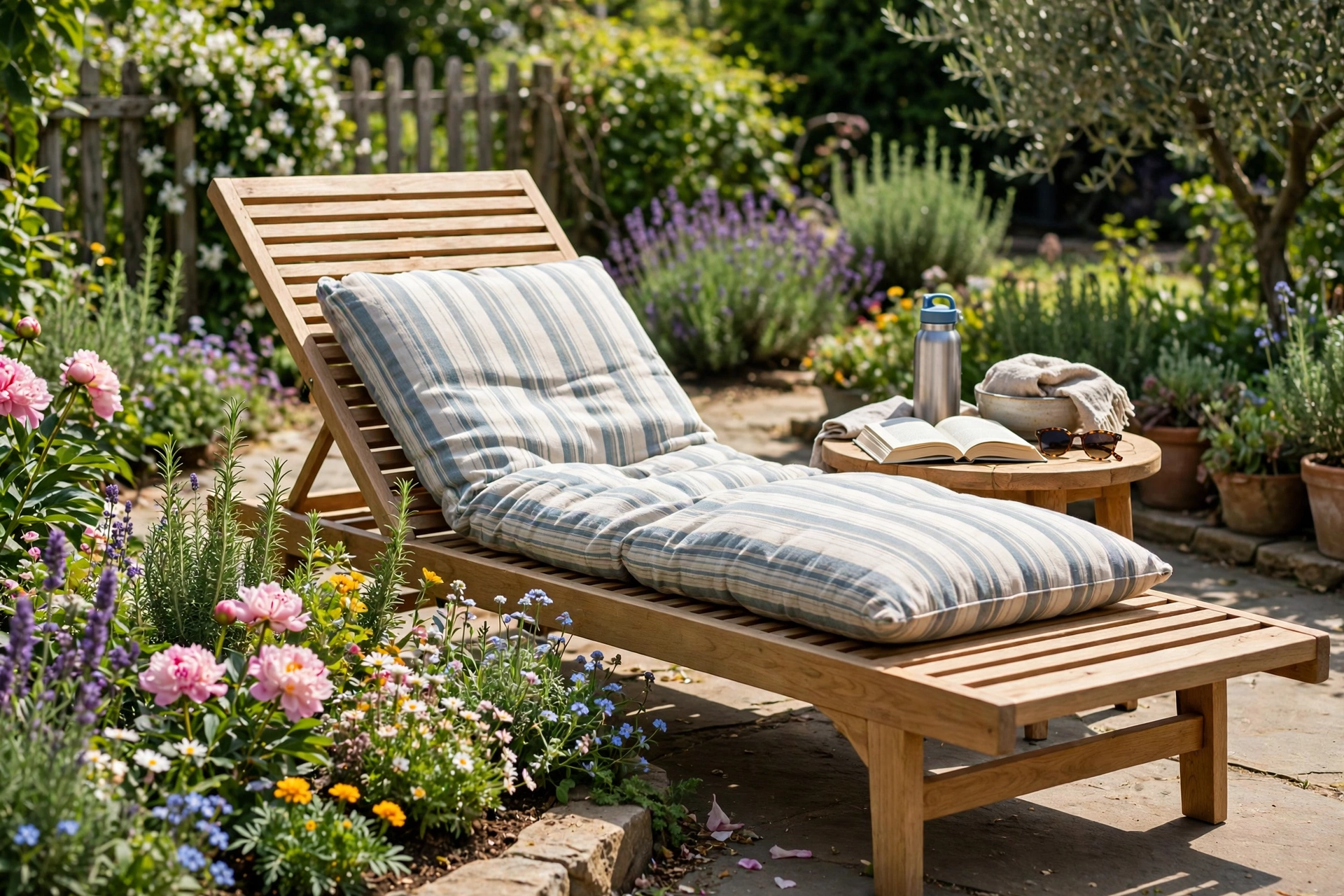 Garden chaise lounge beside flower bed