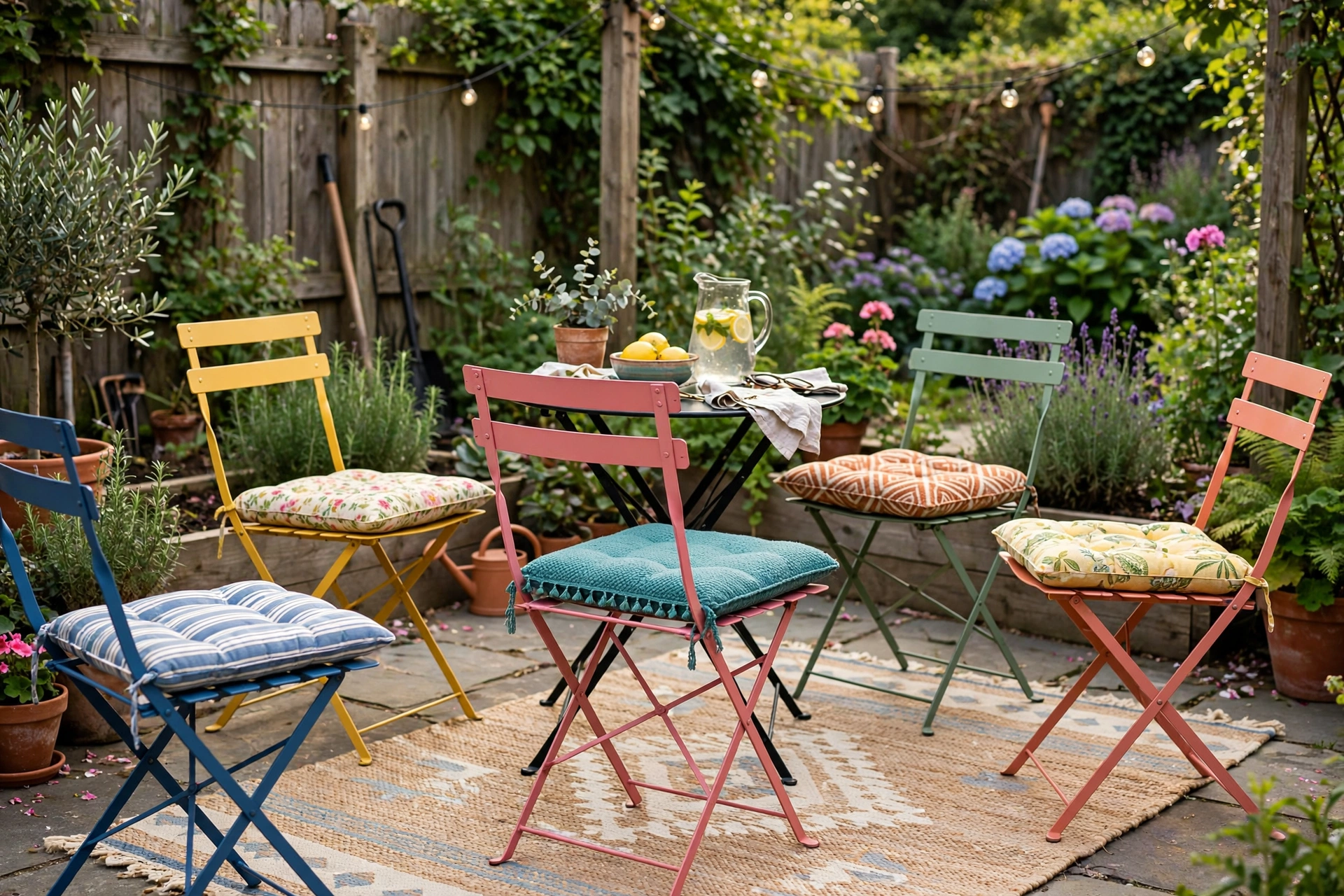 Colorful folding bistro chairs in garden