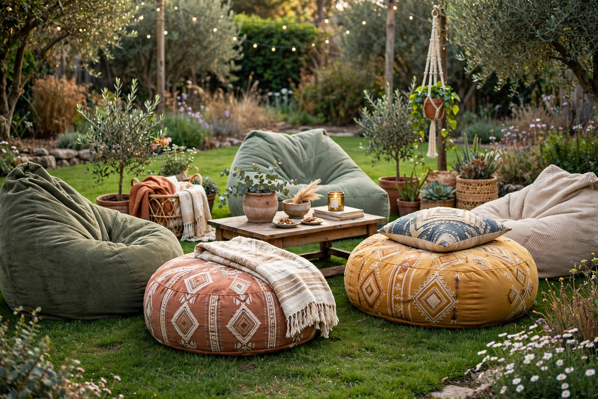 Outdoor floor cushions and bean bags on lawn