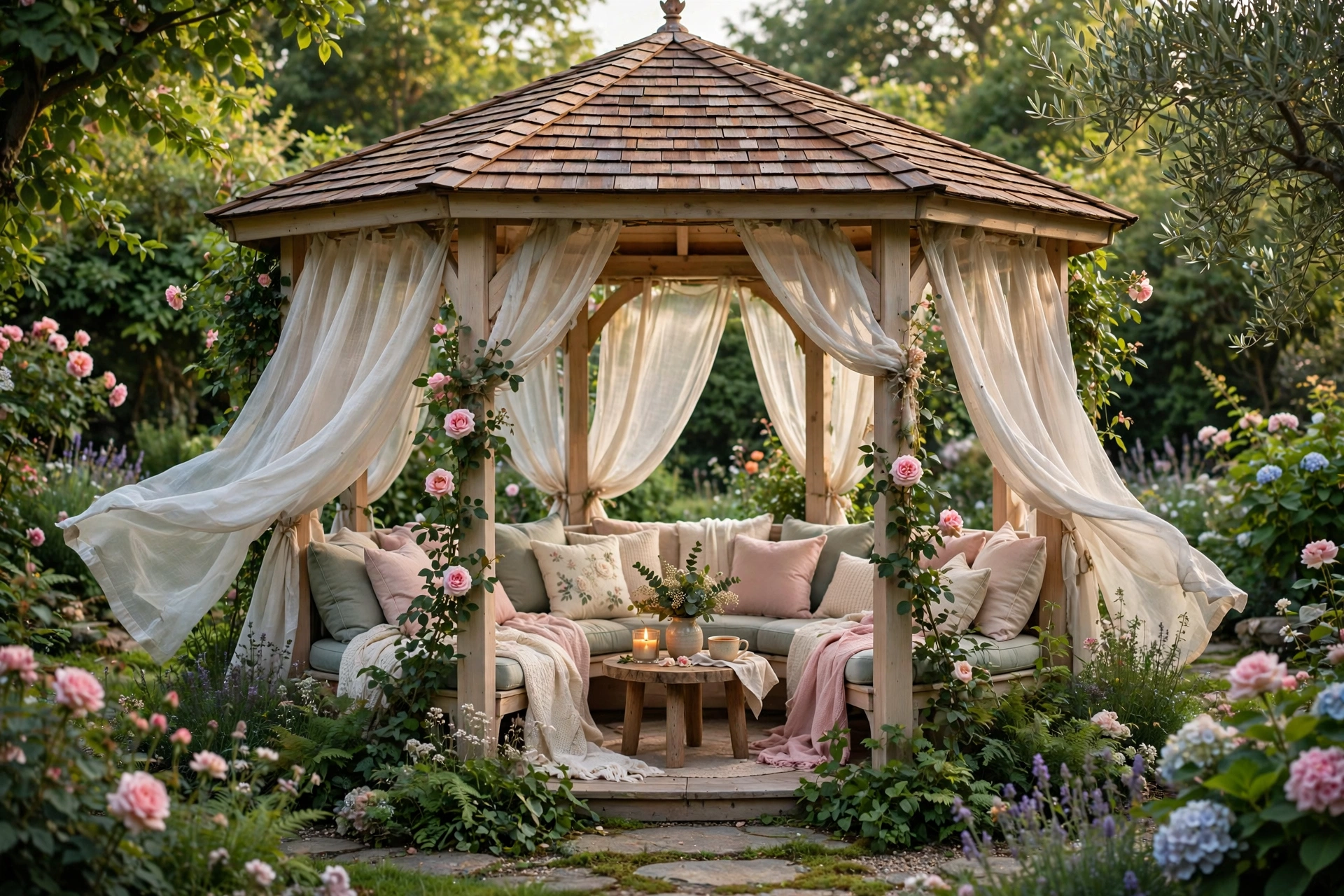 Garden gazebo with curtains and seating