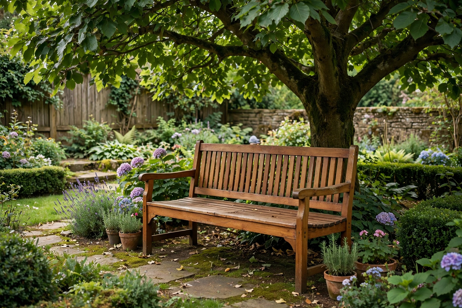 Teak bench under shade tree