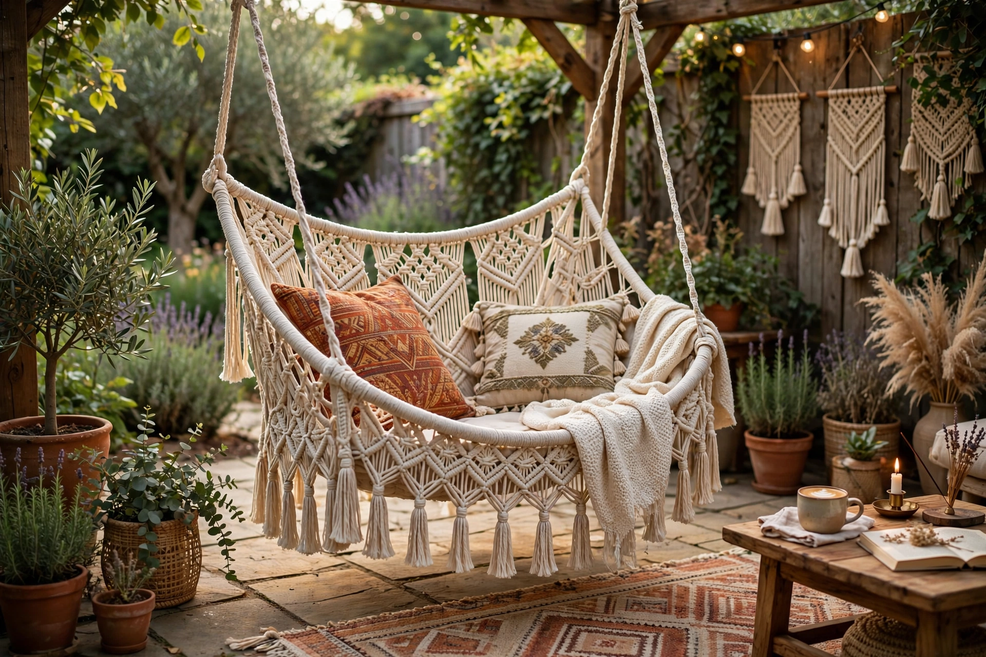 Macramé hanging hammock chair on patio