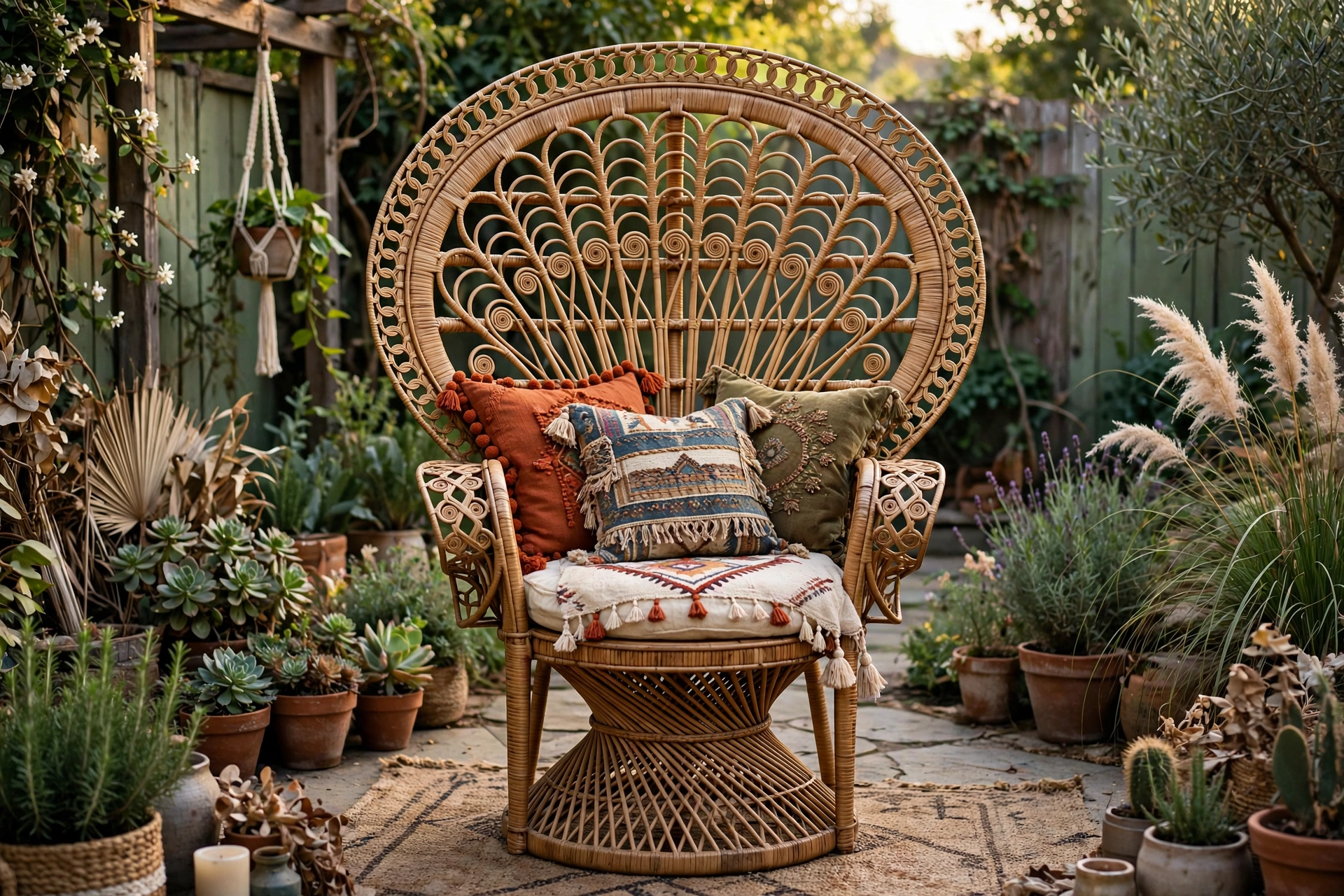 Rattan peacock chair in backyard garden