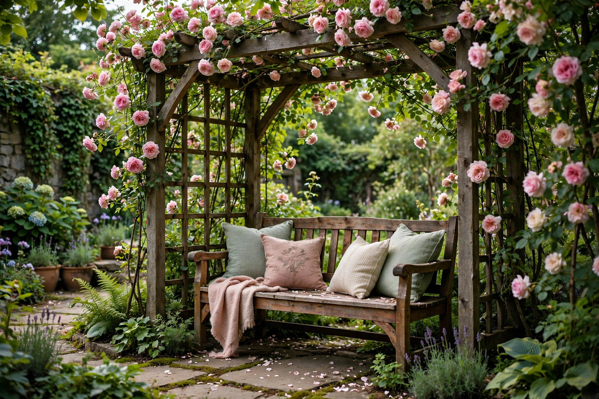 Wooden bench beneath flowering arbor