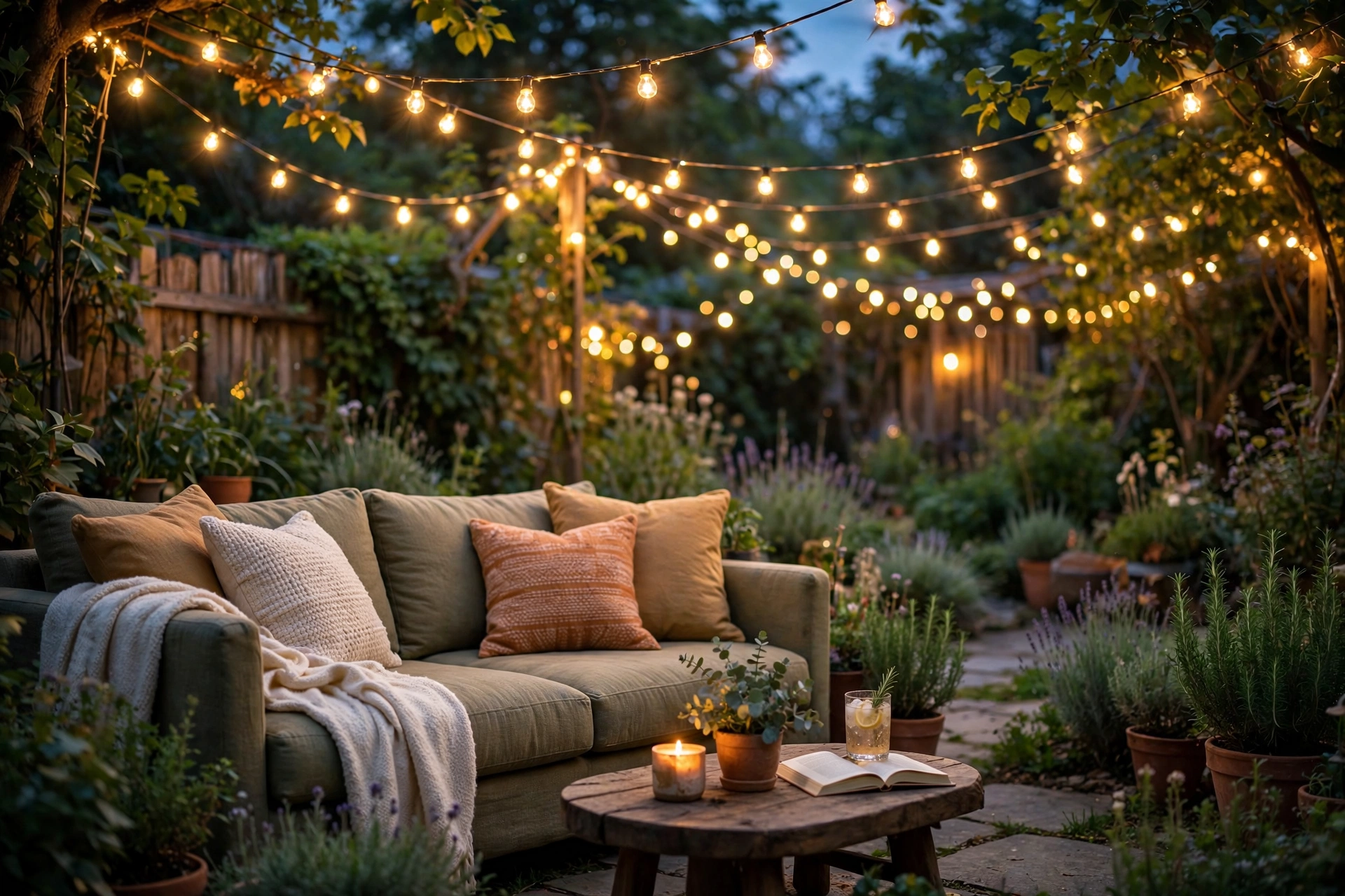 Outdoor sofa with string lights at dusk