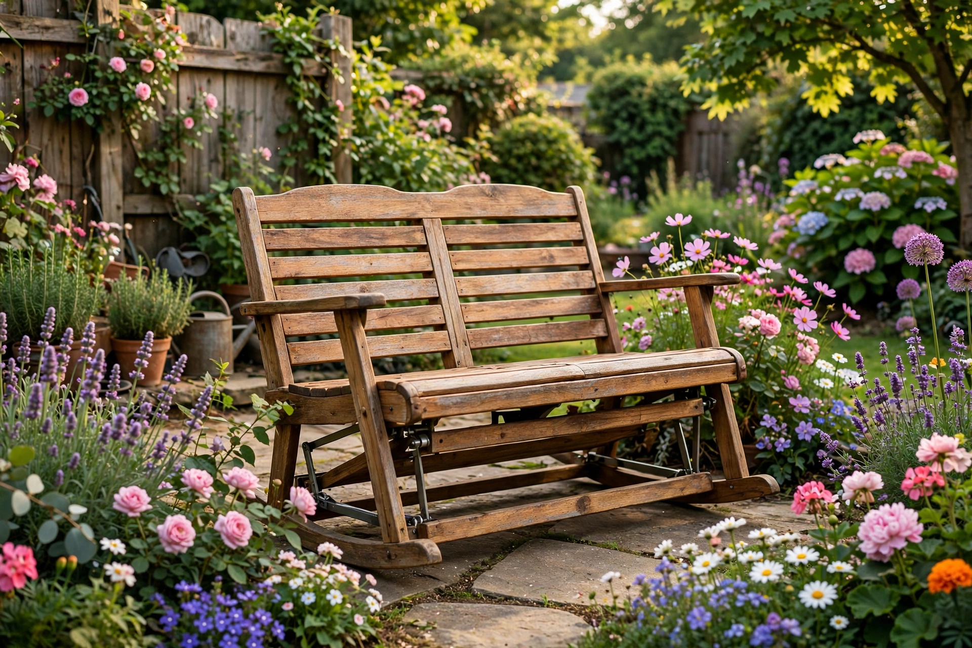Wooden glider bench for two in garden
