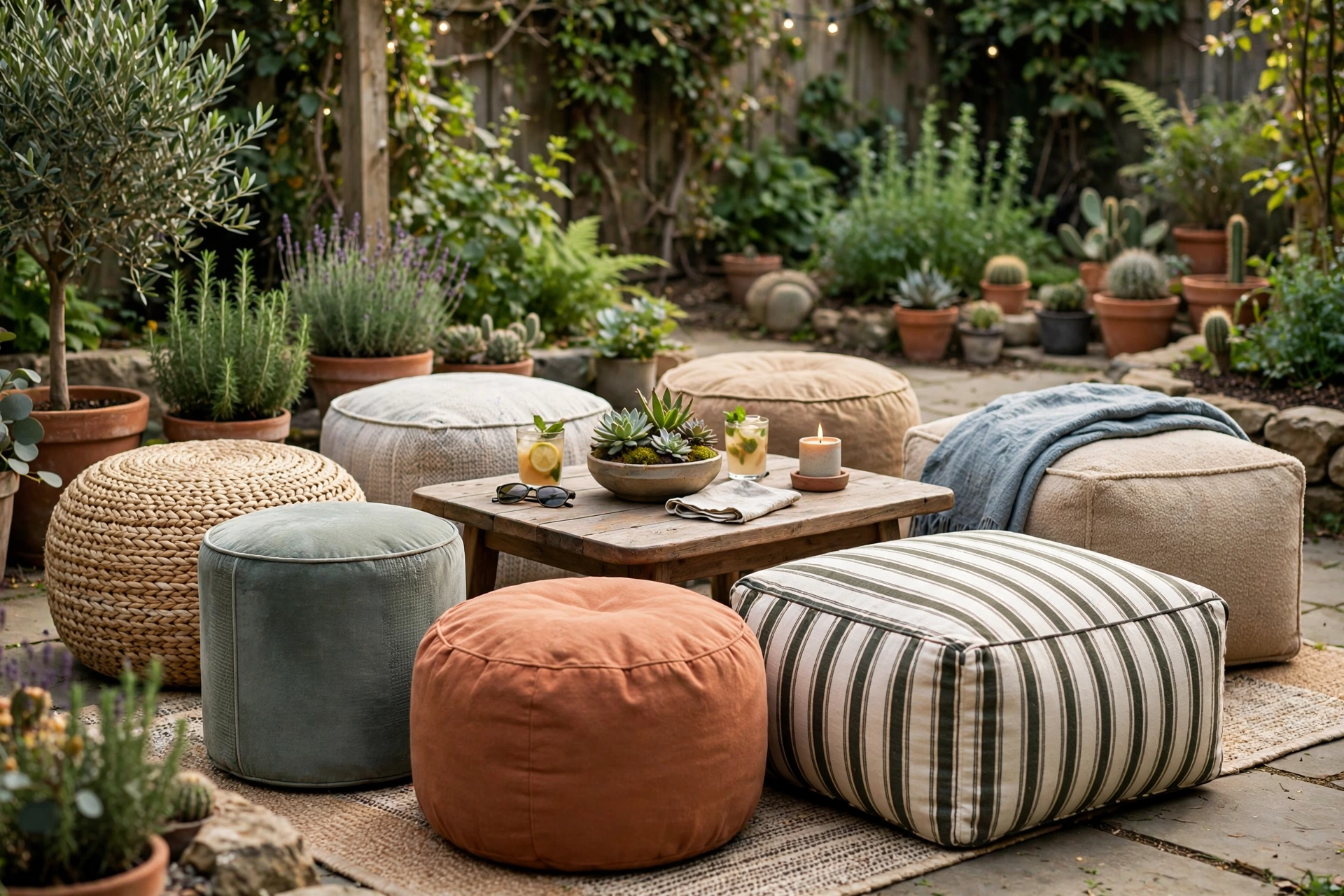 Outdoor poufs and ottomans in garden