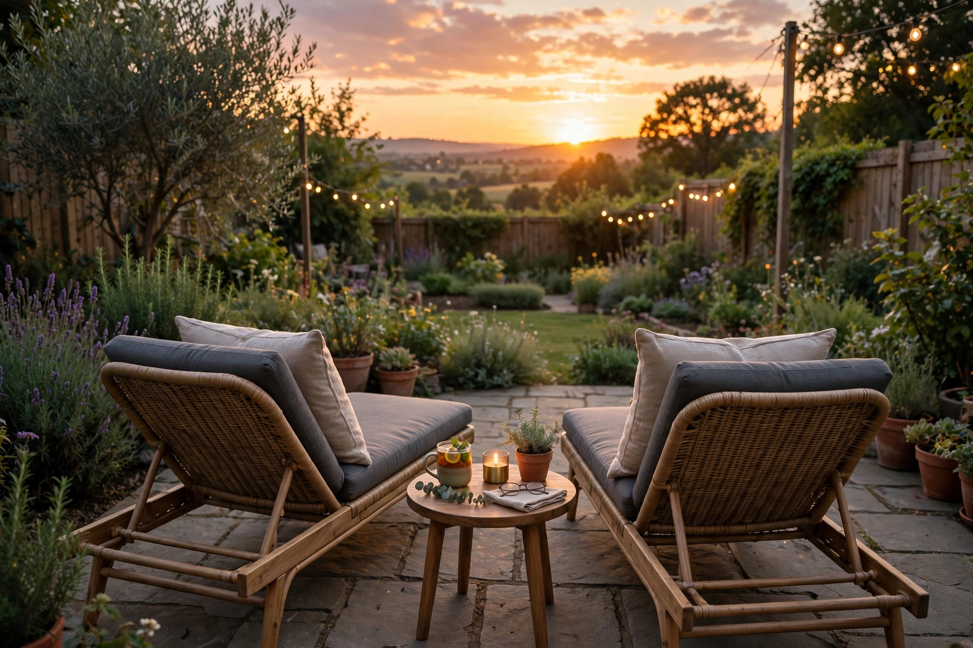 Lounge chairs facing sunset in garden