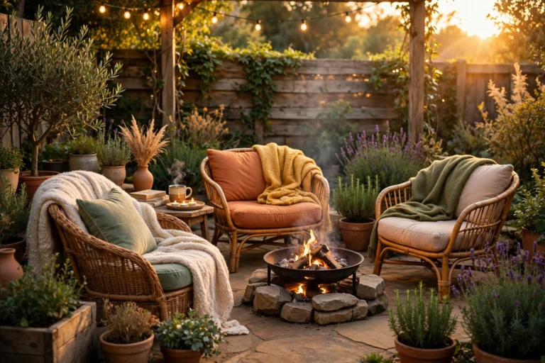 Cozy backyard garden seating area at golden hour