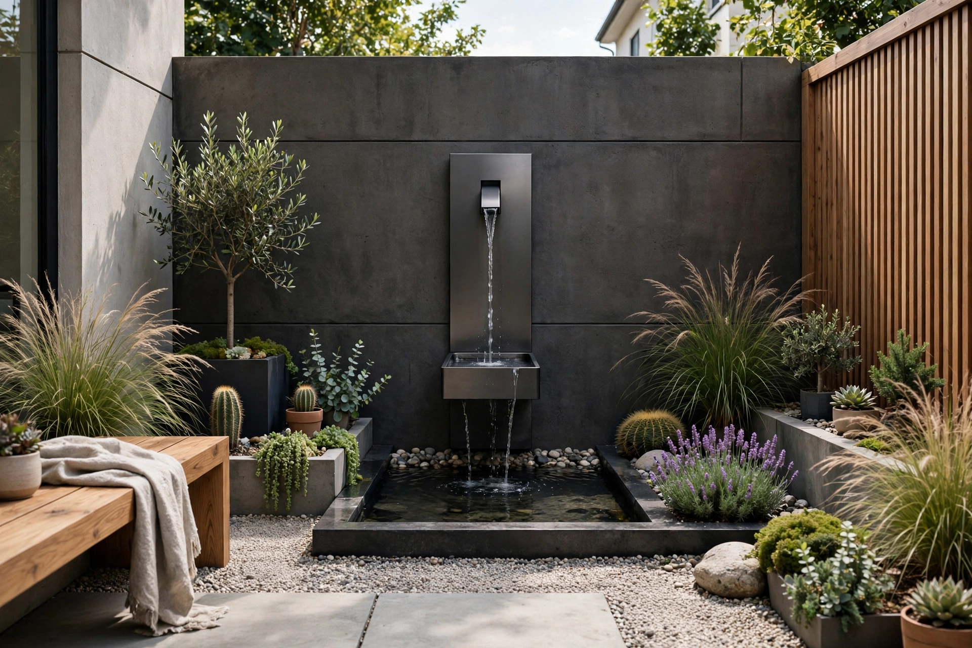 Modern Backyard Small Garden Ideas: 25 Smart Ways to Maximize a Tiny Yard 8 Wall-mounted fountain in compact garden