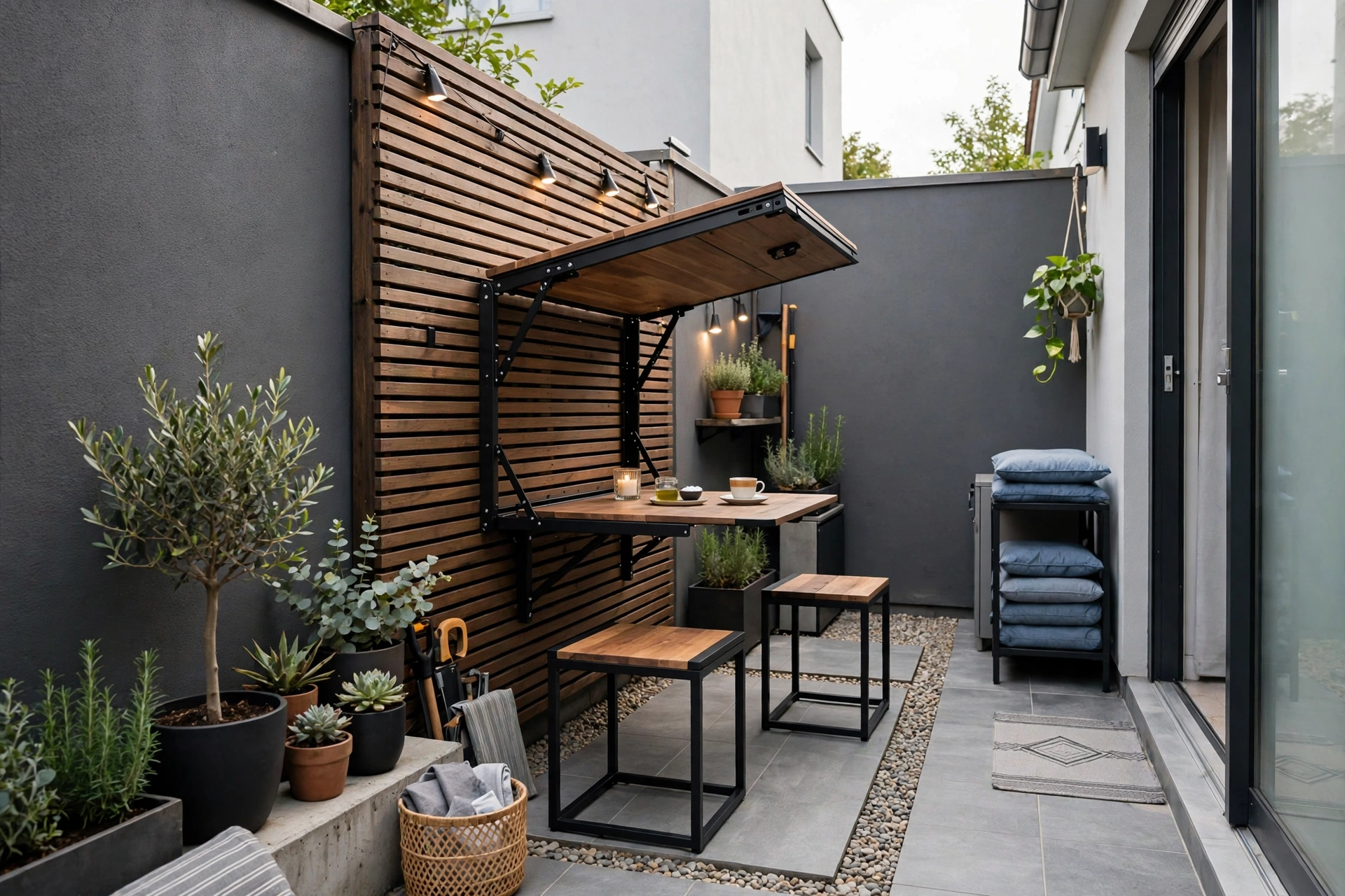Modern Backyard Small Garden Ideas: 25 Smart Ways to Maximize a Tiny Yard 9 Fold-down wall table in small backyard