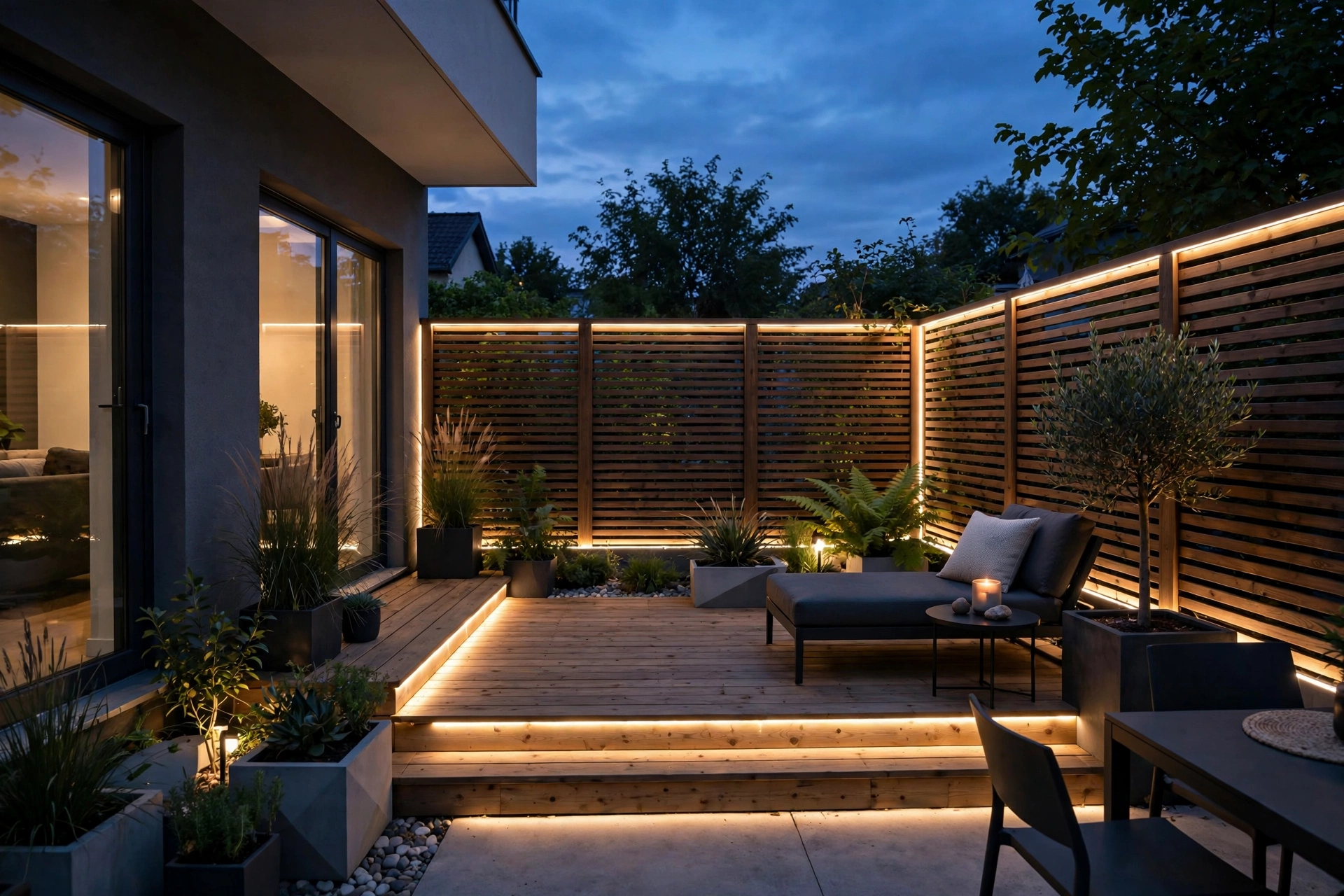 Modern Backyard Small Garden Ideas: 25 Smart Ways to Maximize a Tiny Yard 16 LED strip lighting in small garden at dusk