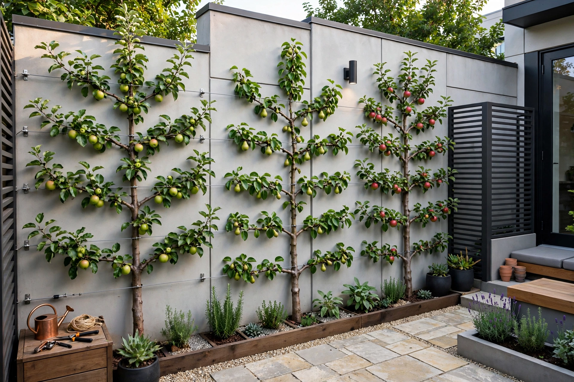 Modern Backyard Small Garden Ideas: 25 Smart Ways to Maximize a Tiny Yard 22 Espalier fruit trees against garden wall