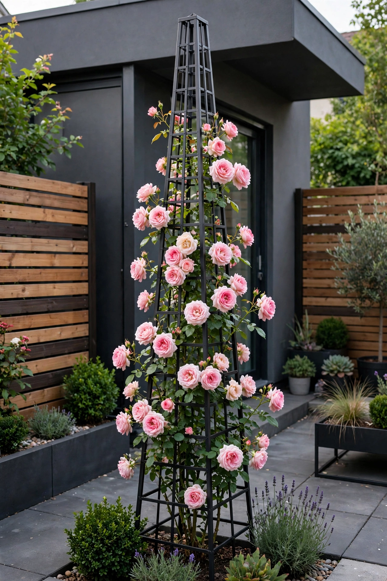 Modern Backyard Small Garden Ideas: 25 Smart Ways to Maximize a Tiny Yard 25 Climbing roses on obelisk trellis