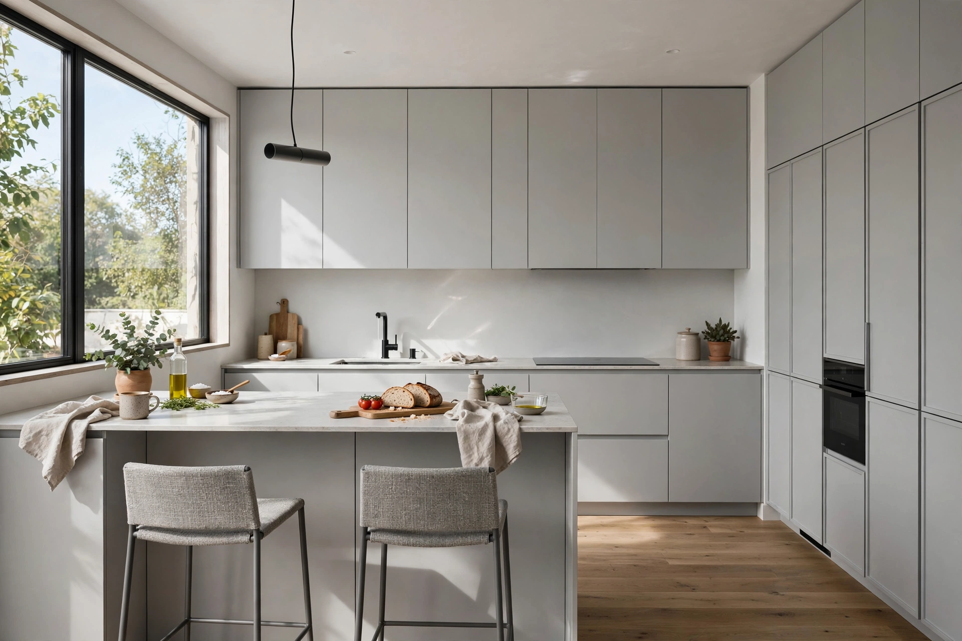 Modern kitchen with handleless flat-front cabinets