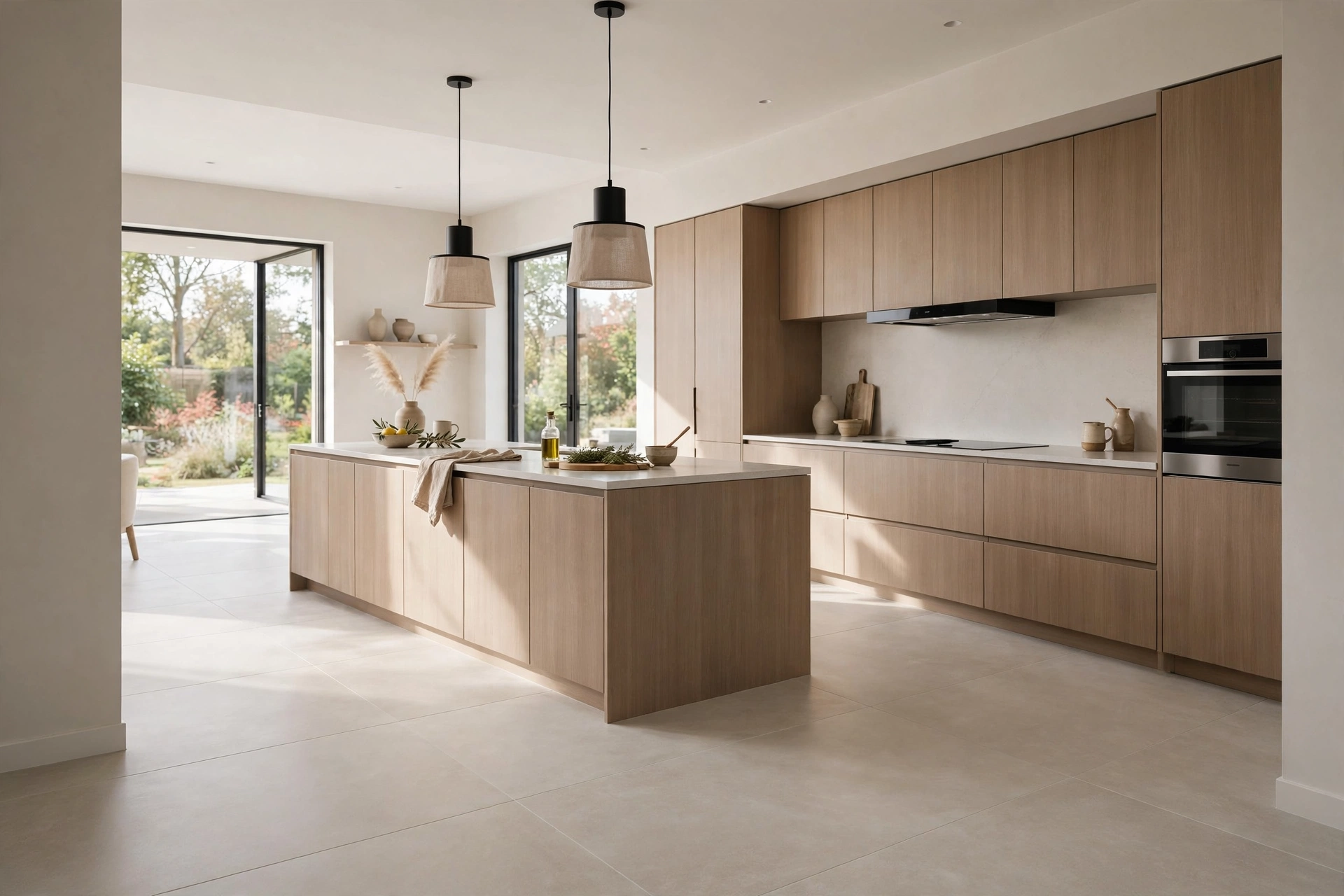 Modern kitchen with large-format floor tiles