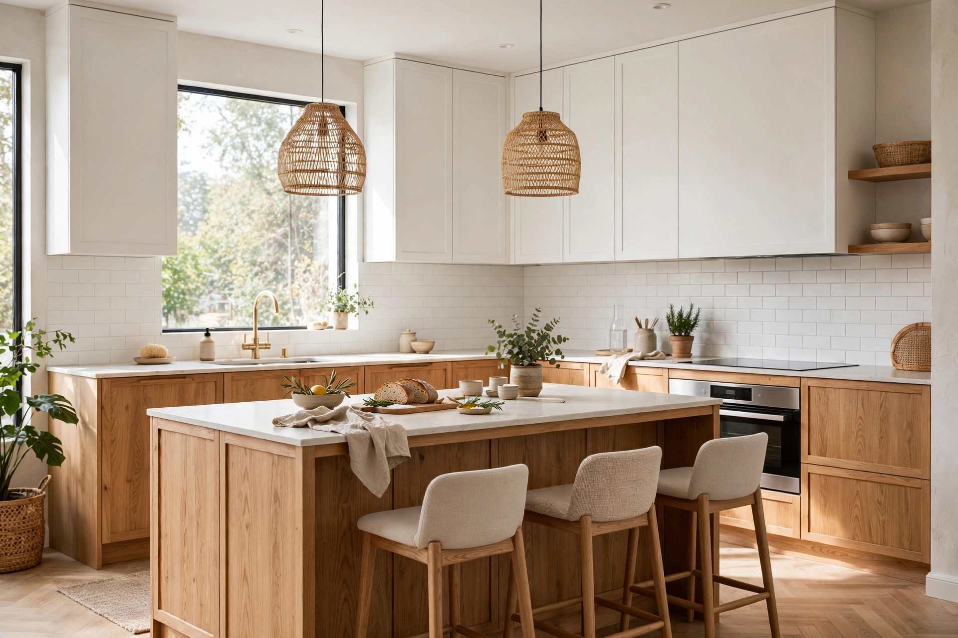 Modern kitchen mixing white cabinets and wood