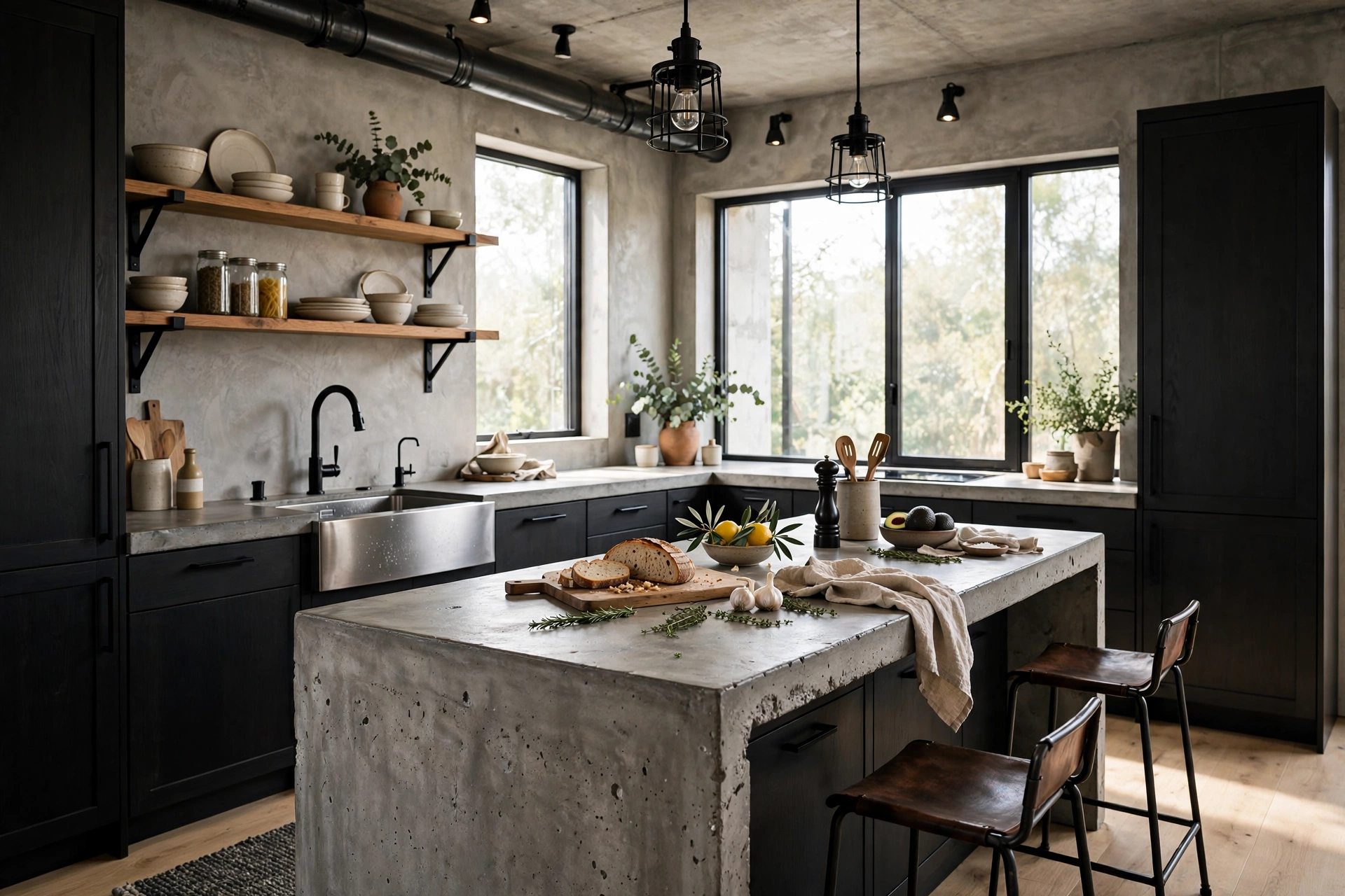 Modern kitchen with concrete countertops