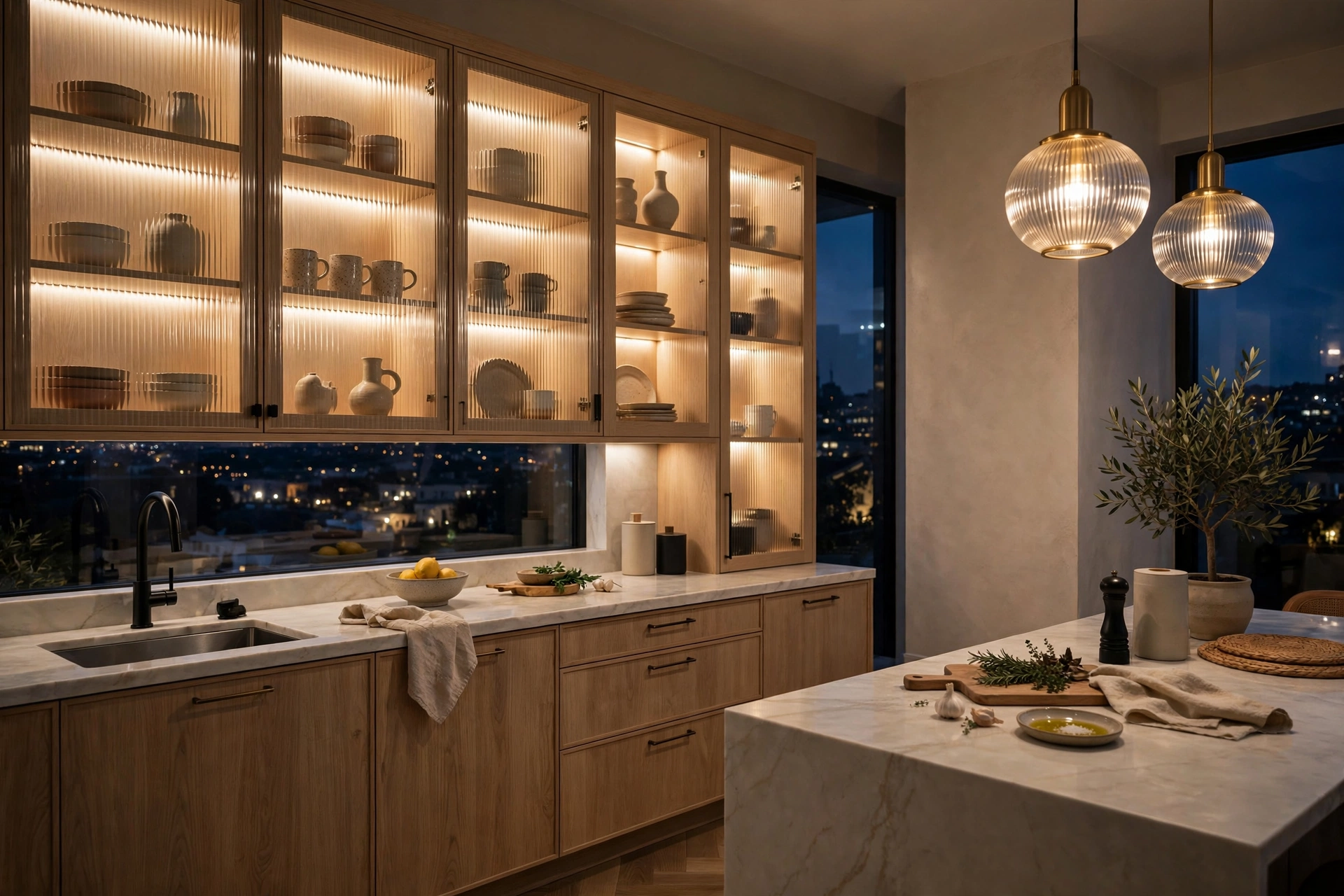Modern kitchen with glass-front cabinets