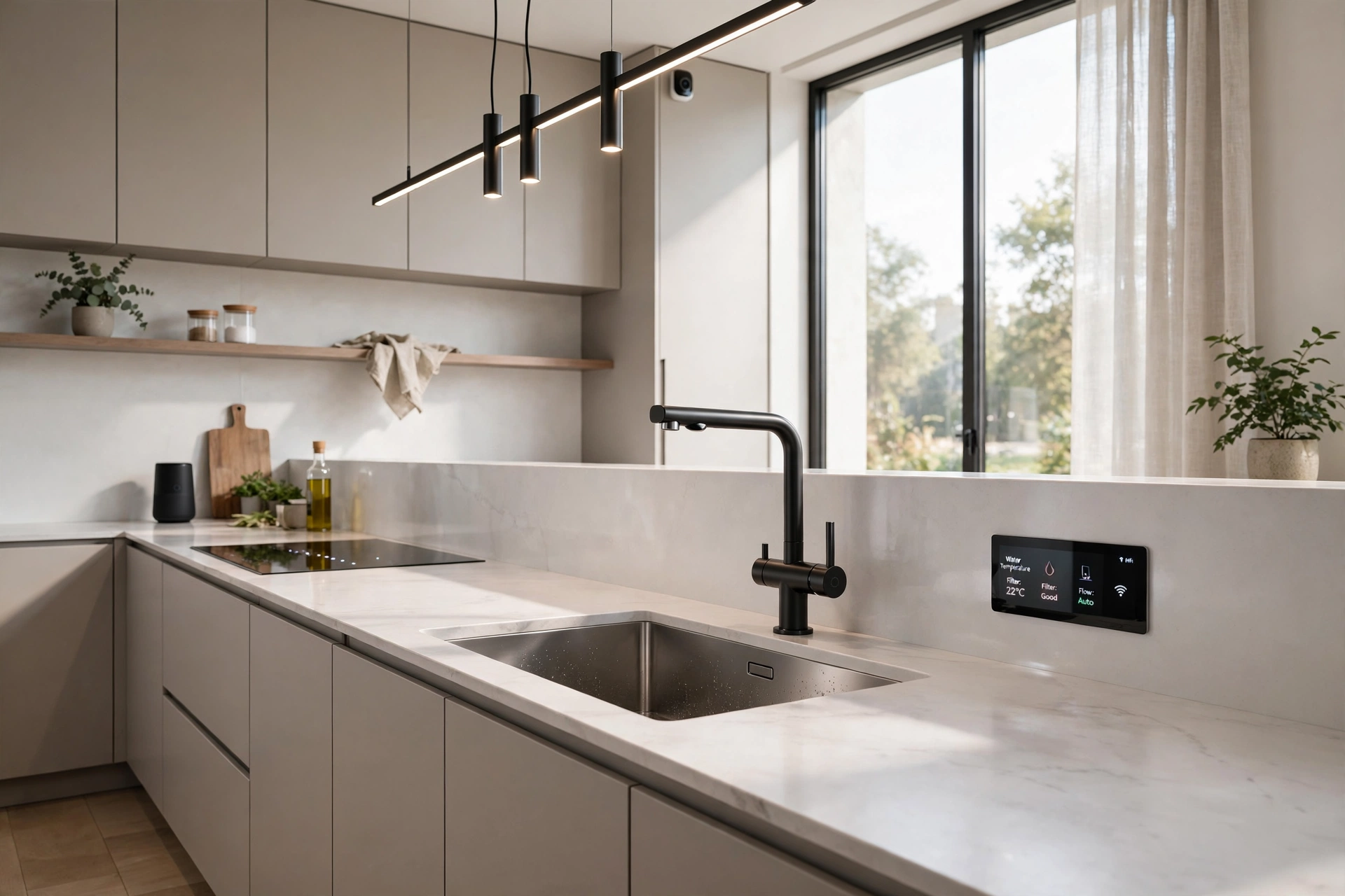Modern smart kitchen with touchless faucet