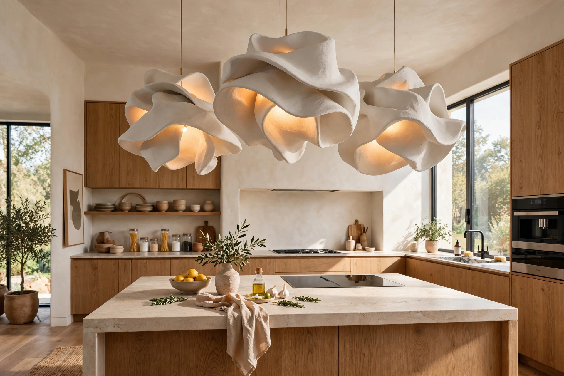Modern kitchen with sculptural pendant lights