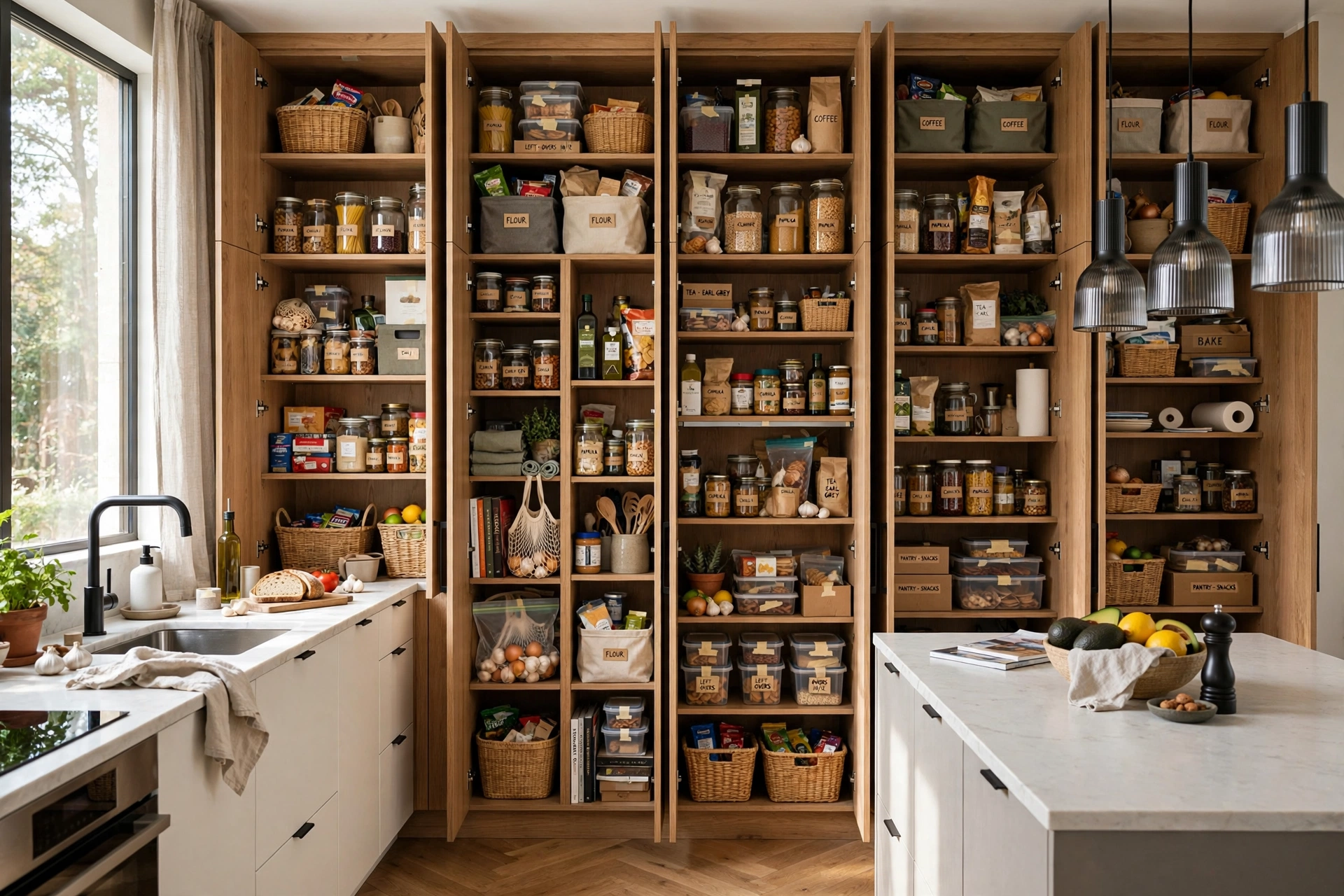 Modern kitchen with floor-to-ceiling pantry wall
