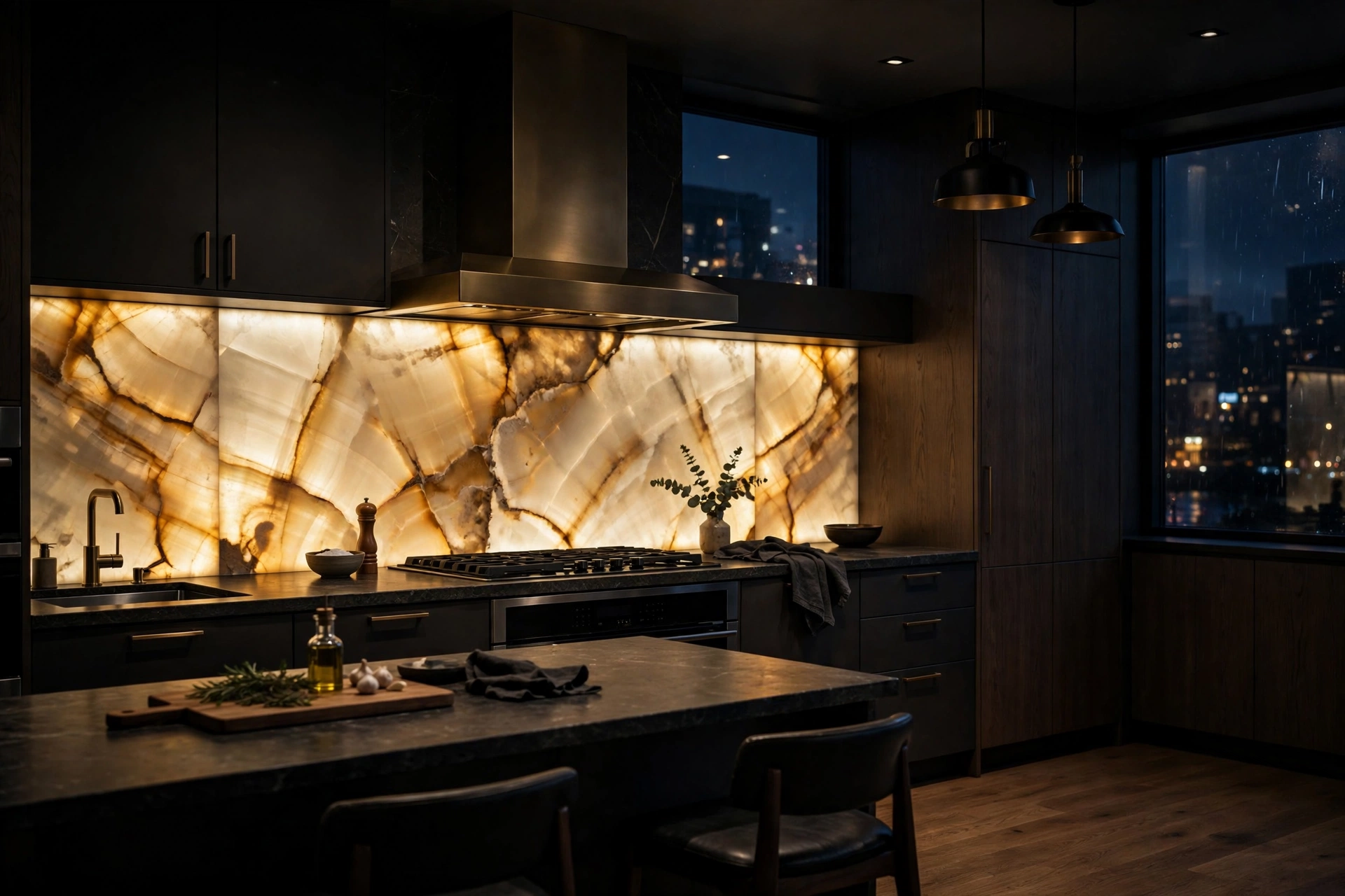 Modern kitchen with backlit backsplash