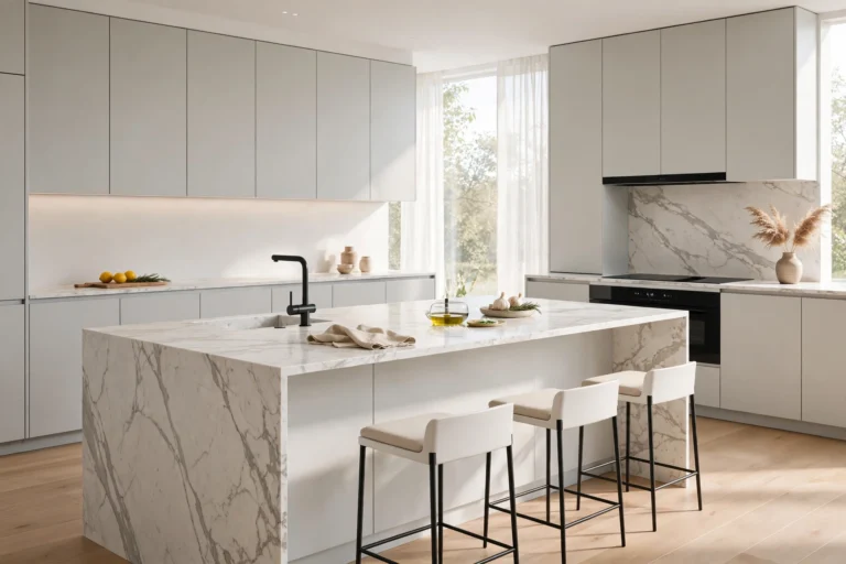 Sleek modern kitchen with handleless cabinets and island.
