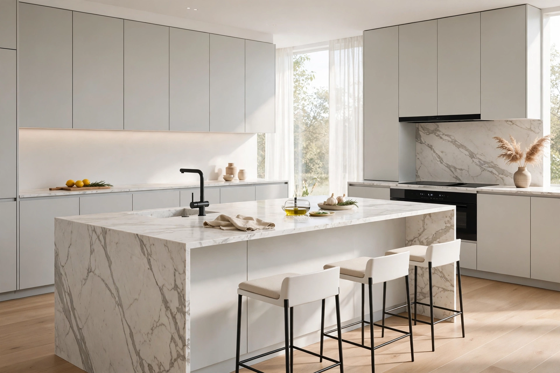Sleek modern kitchen with handleless cabinets and island.