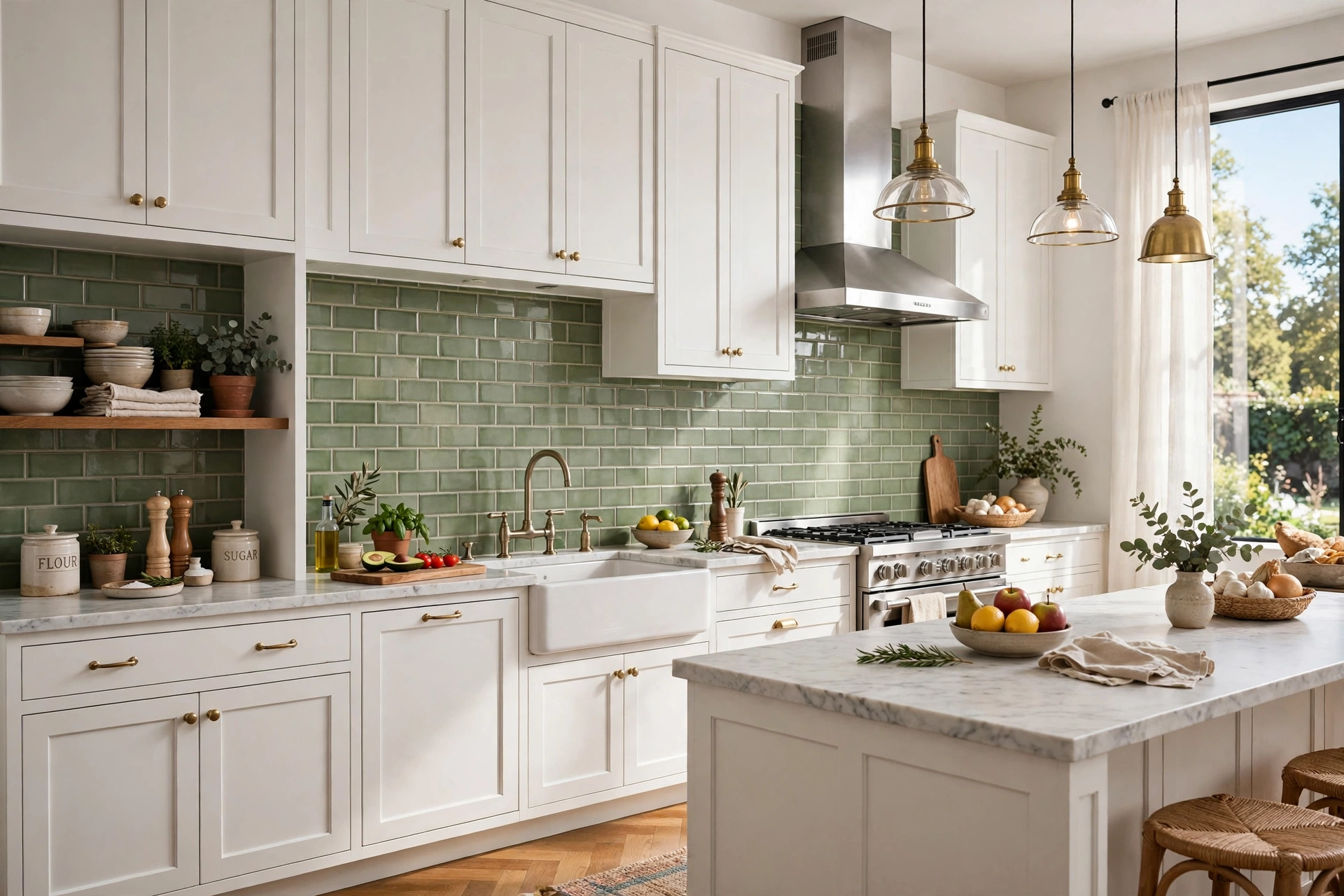 Sage green subway tile kitchen backsplash