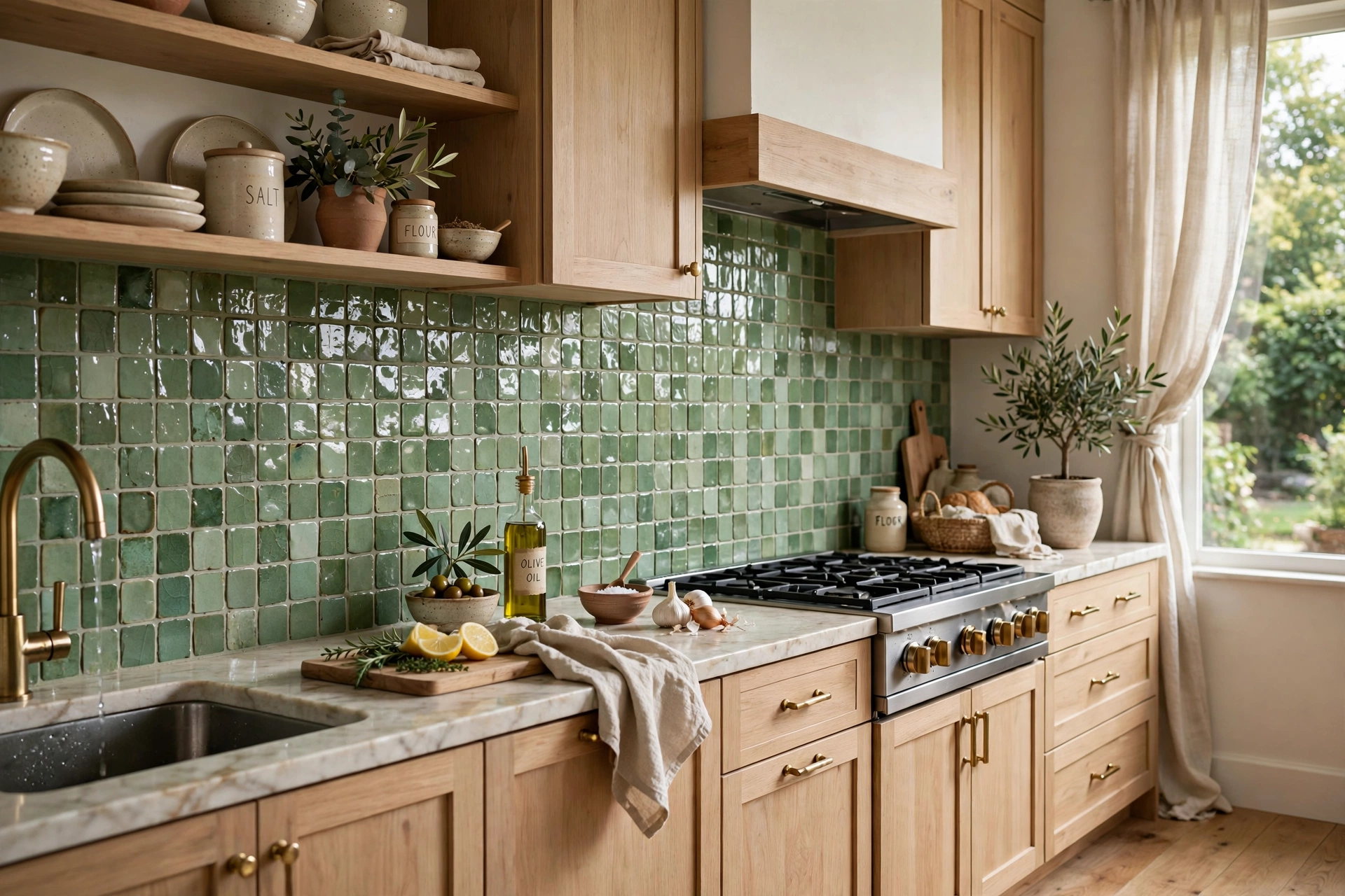 Handmade sage green zellige tile backsplash