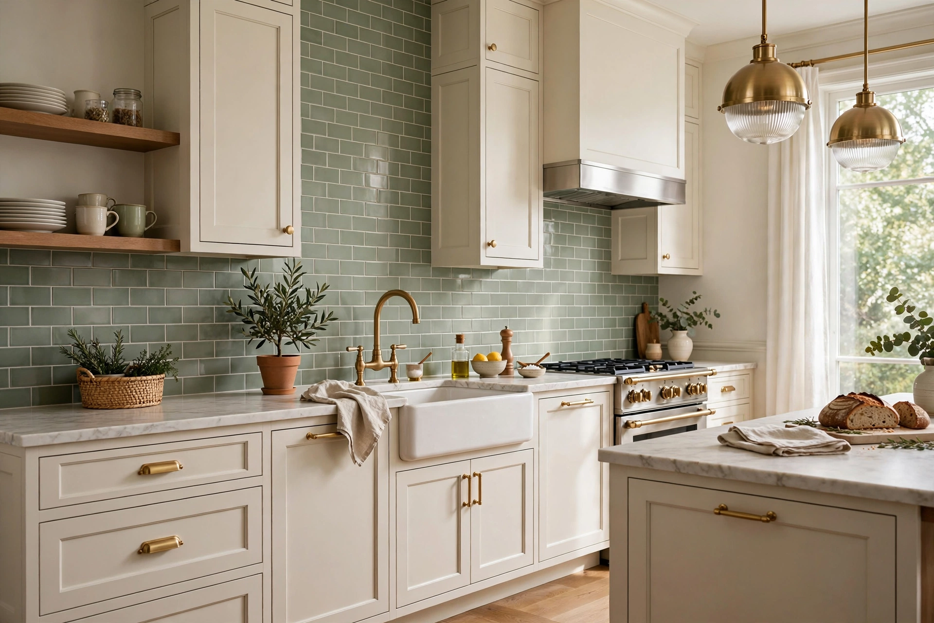 Sage green backsplash with brass faucet and fixtures