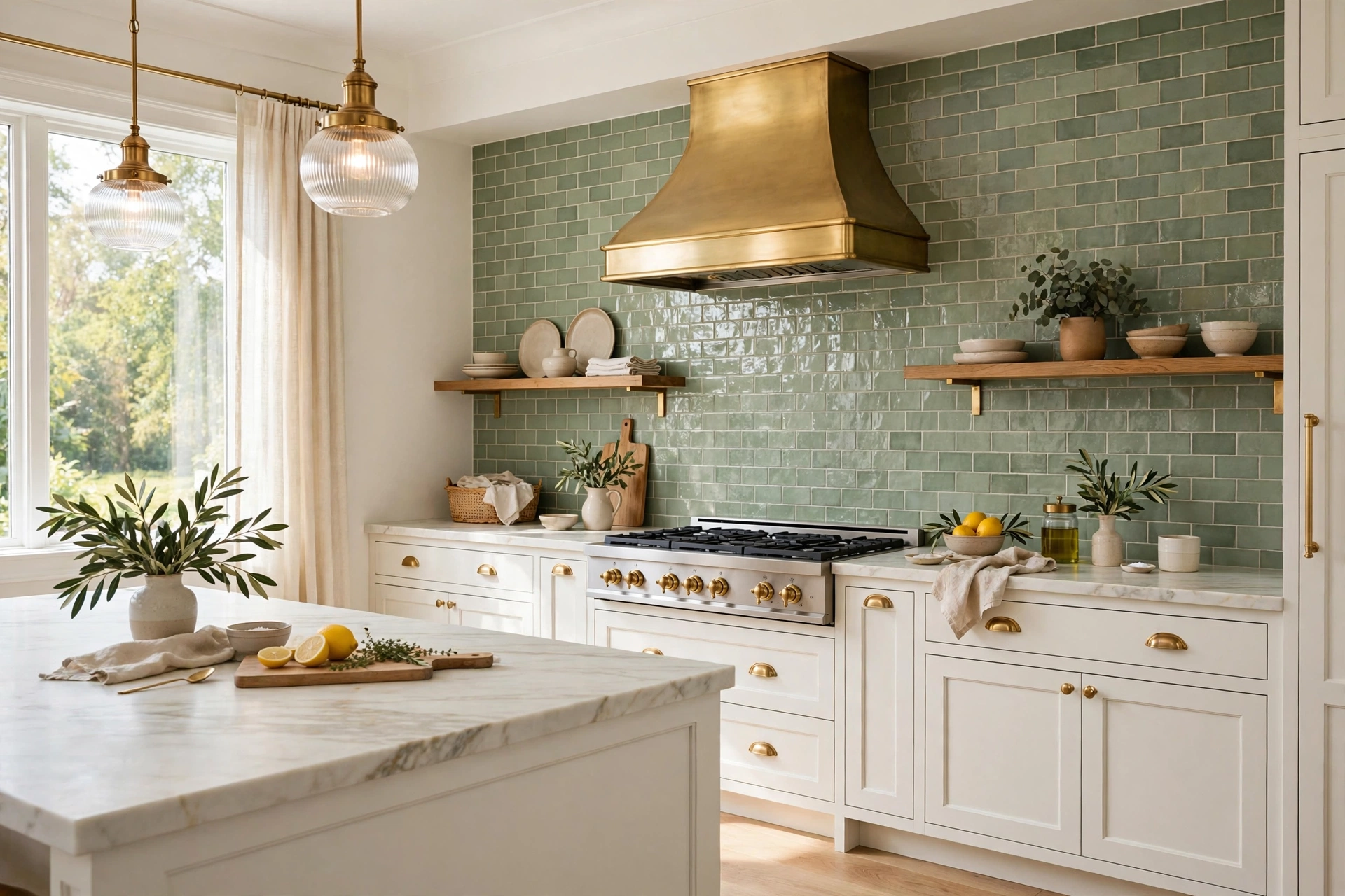 Sage green backsplash with white marble countertops