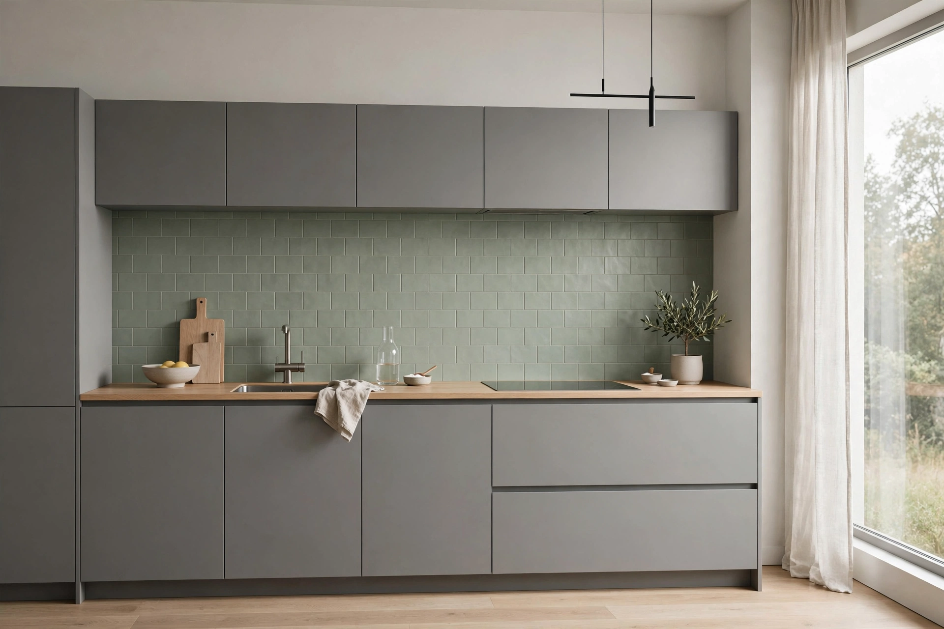 Matte sage green tile backsplash in modern kitchen