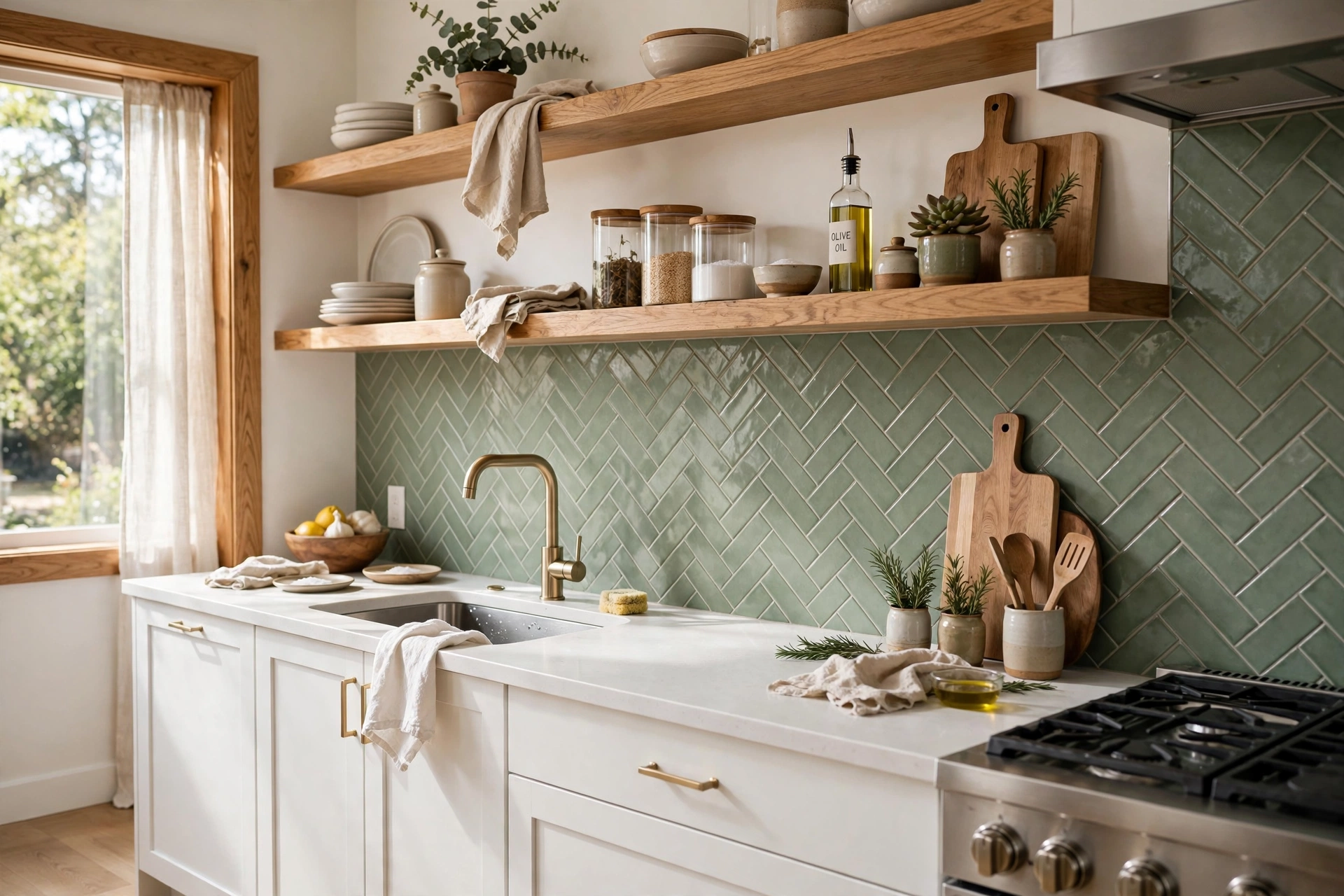 Sage green herringbone pattern backsplash