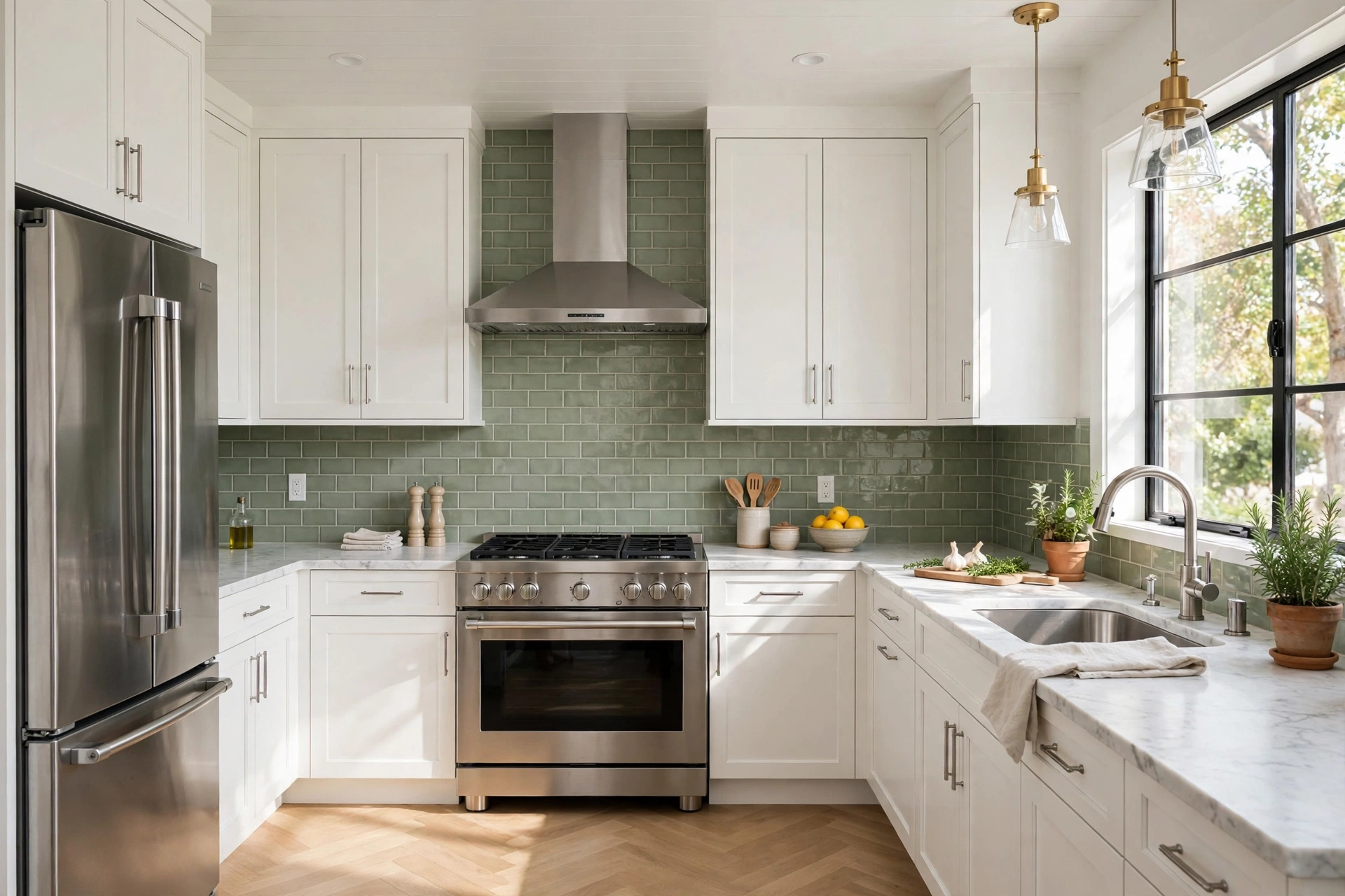 White cabinets with sage green backsplash