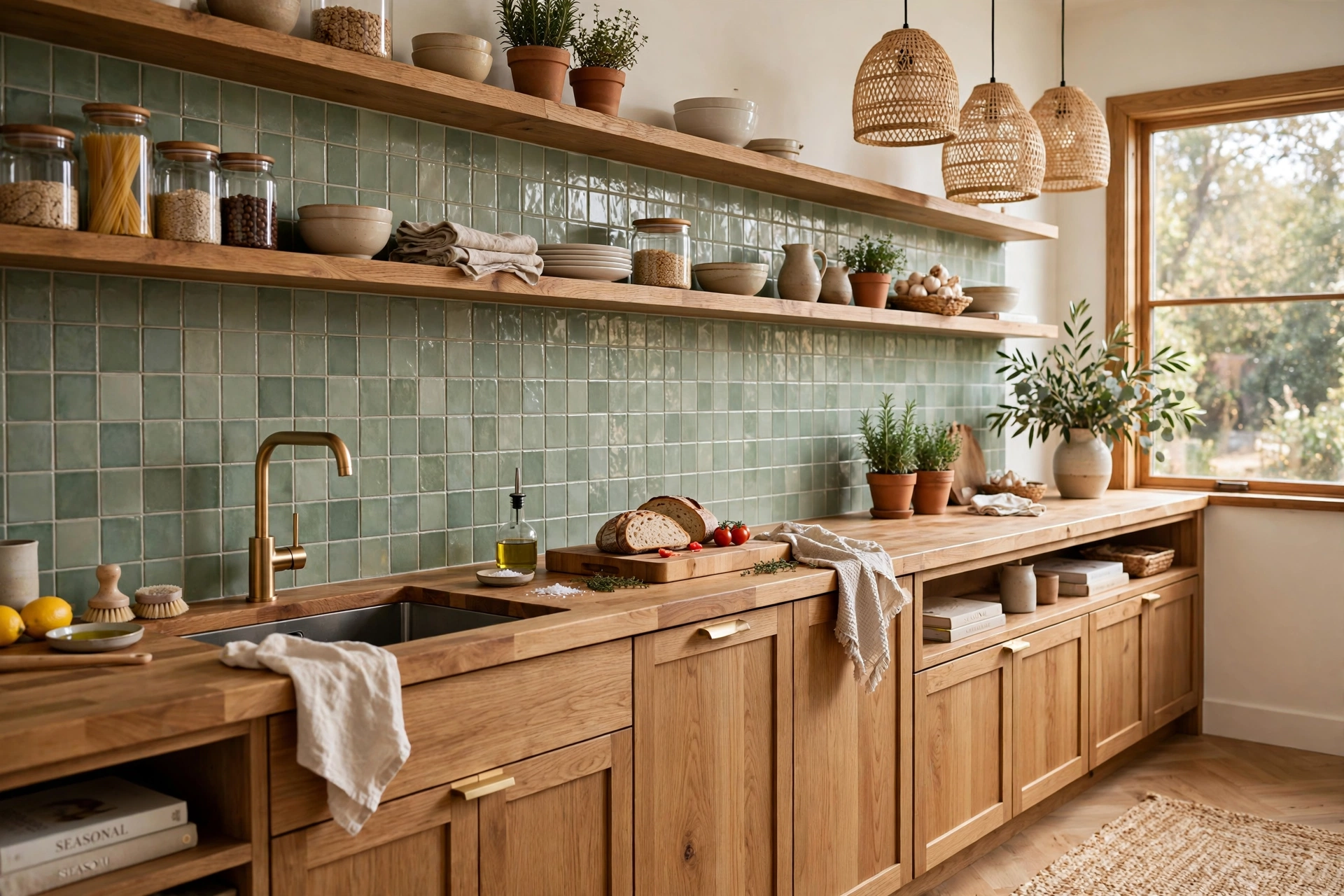 Sage green backsplash with warm wood kitchen accents