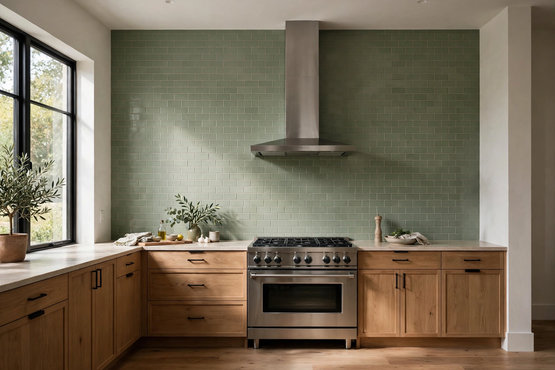 Full-height sage green backsplash to ceiling