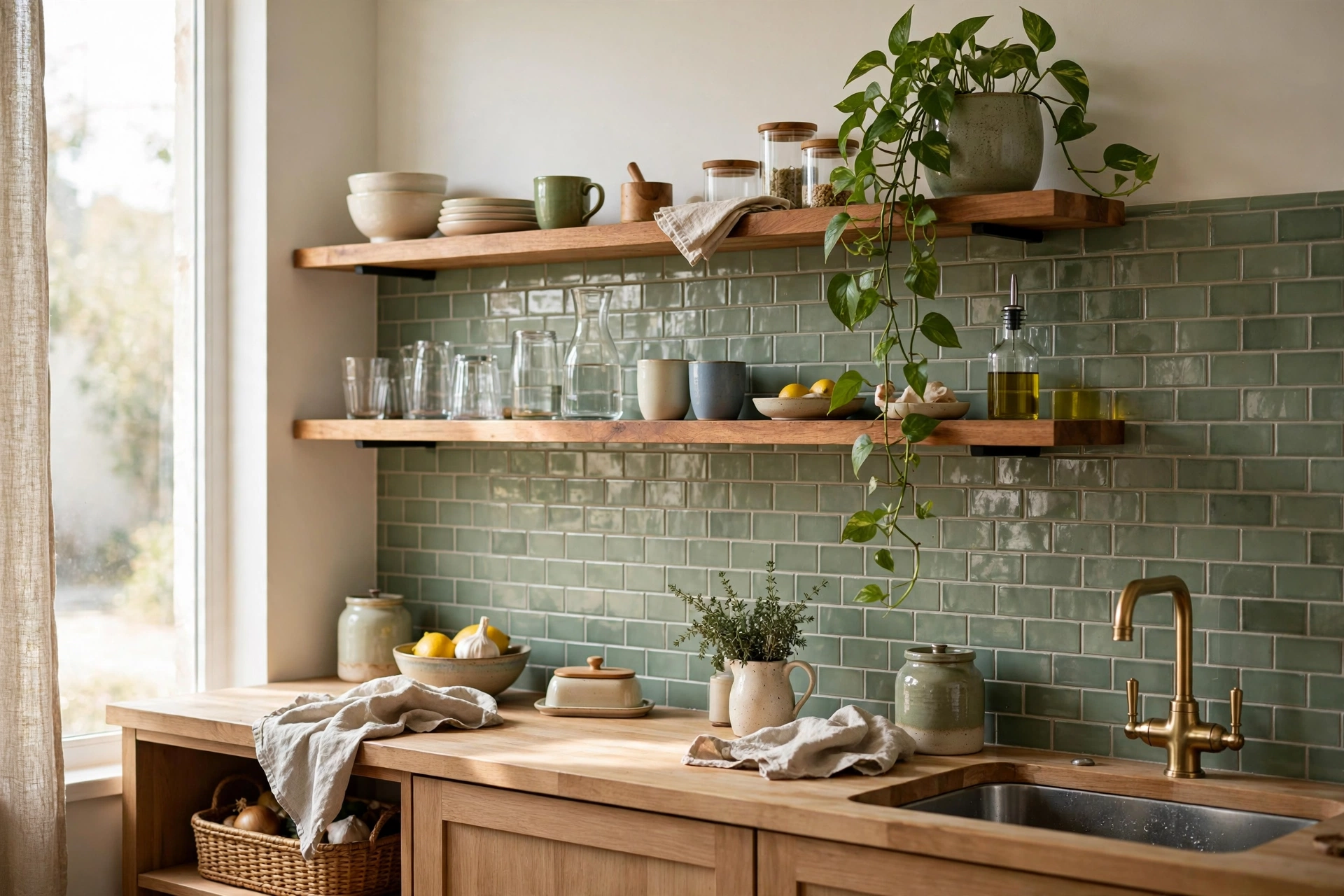 Open shelving over sage green backsplash